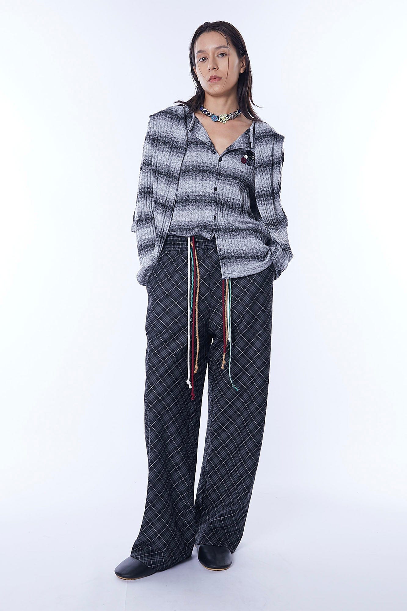 ASSEEN Plaid Double-Waist Drawstring Wide-Leg Pants-Pants-S-Free Shipping Leatheretro