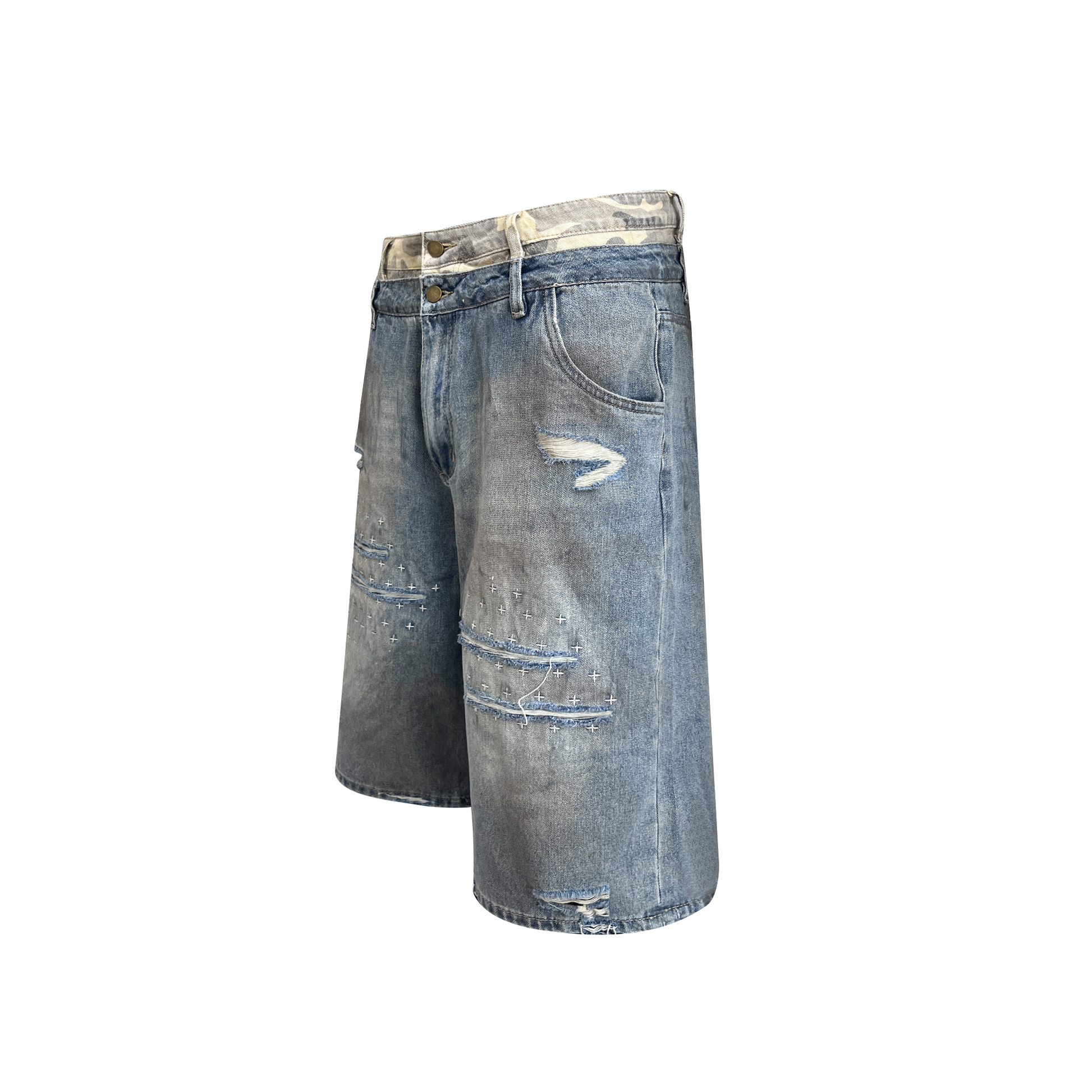 TH4SWE Double-Waist Cross Embroidered Distressed Shorts-Shorts-S-Free Shipping Leatheretro
