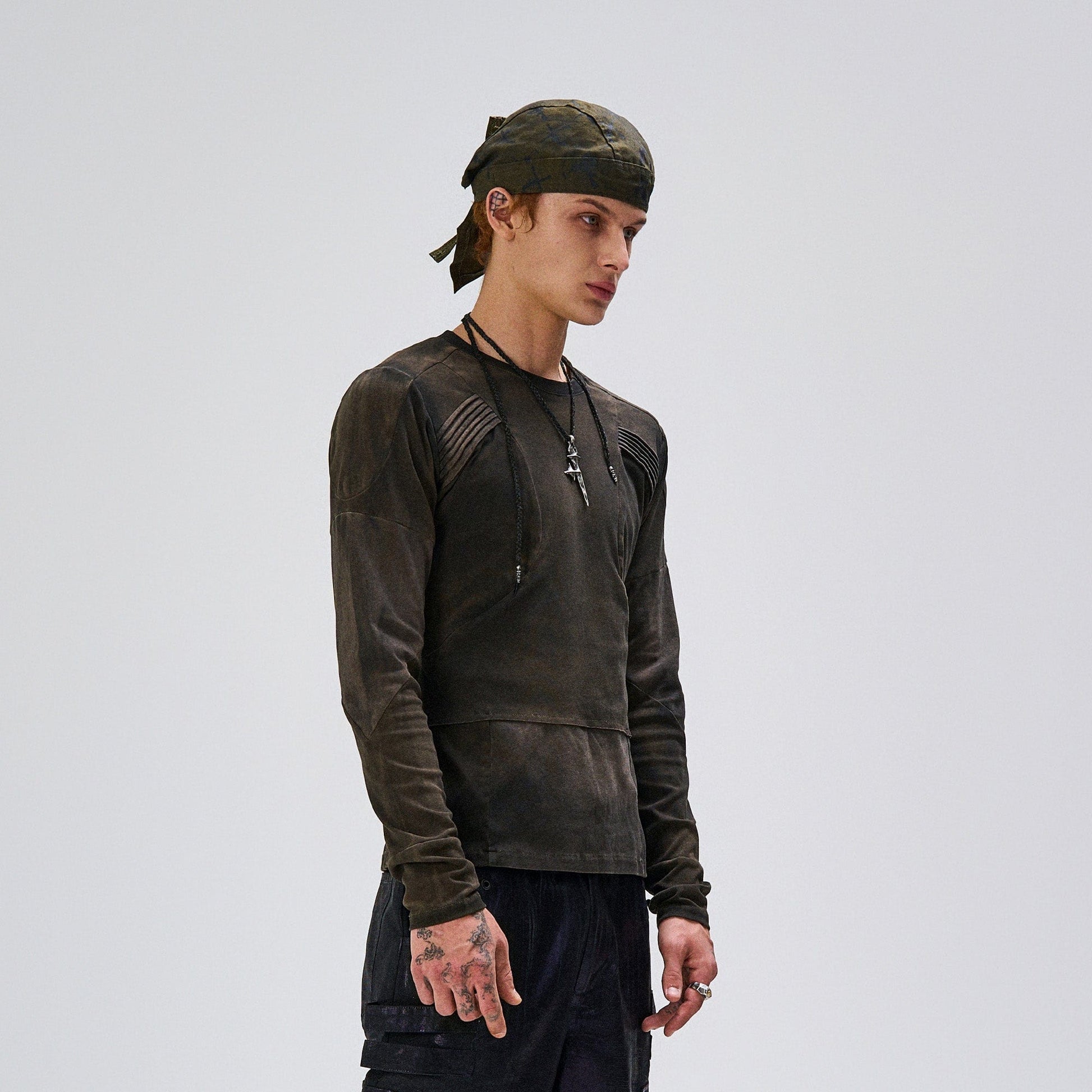 FLYERRER Washed Panelled Slim-Fit Long-Sleeve Tee-L/S Tee-S-Free Shipping Leatheretro