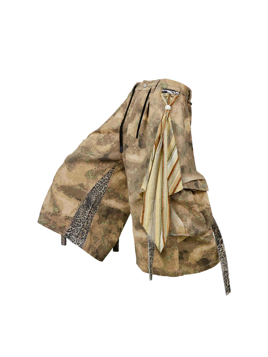RELABEL Detachable Scarf Camo Leopard Panel Oversized Shorts-Shorts-XS-Free Shipping Leatheretro