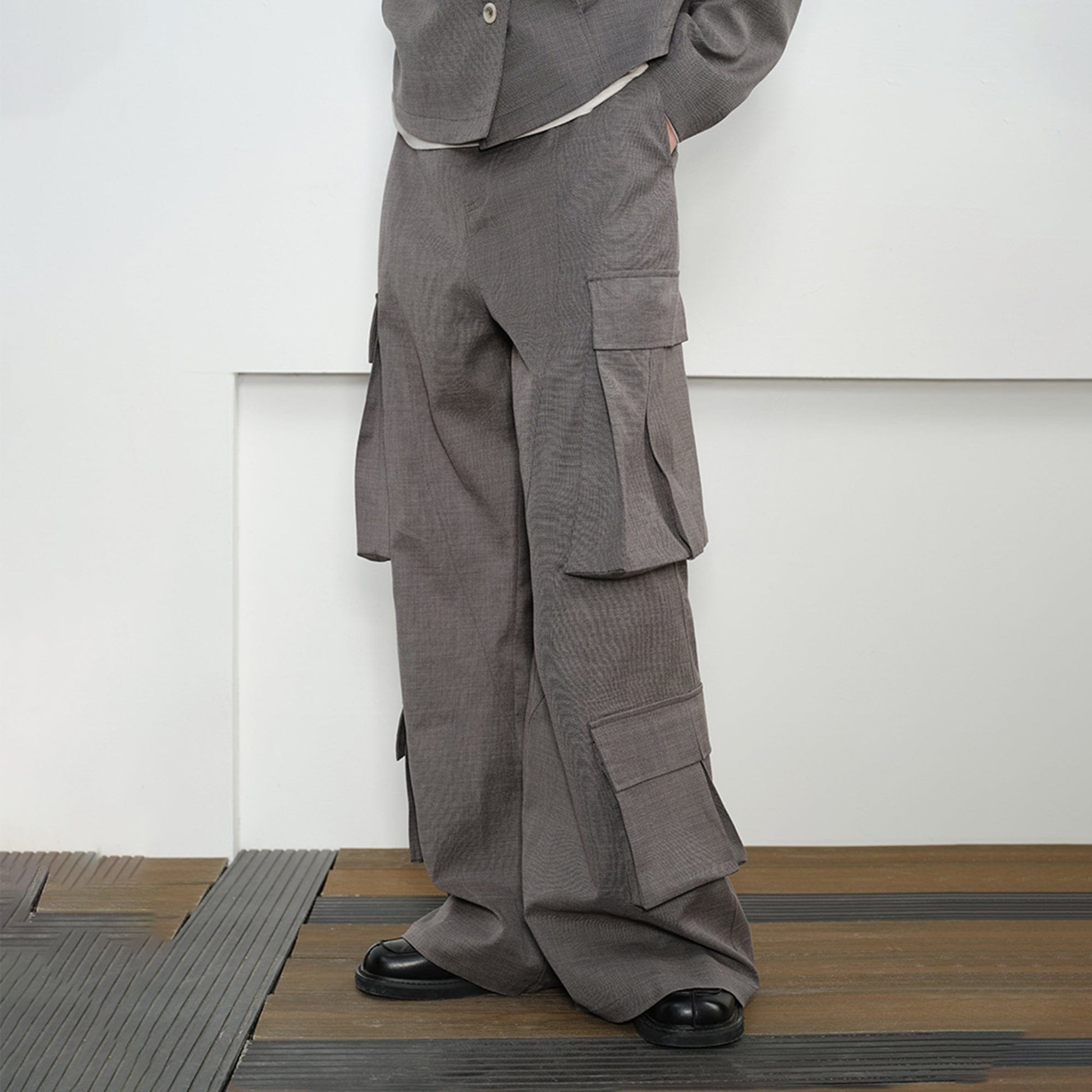 KREATE Multi-Pocket Wide-Leg Cargo Trousers-Pants-S-Grey-Free Shipping Leatheretro