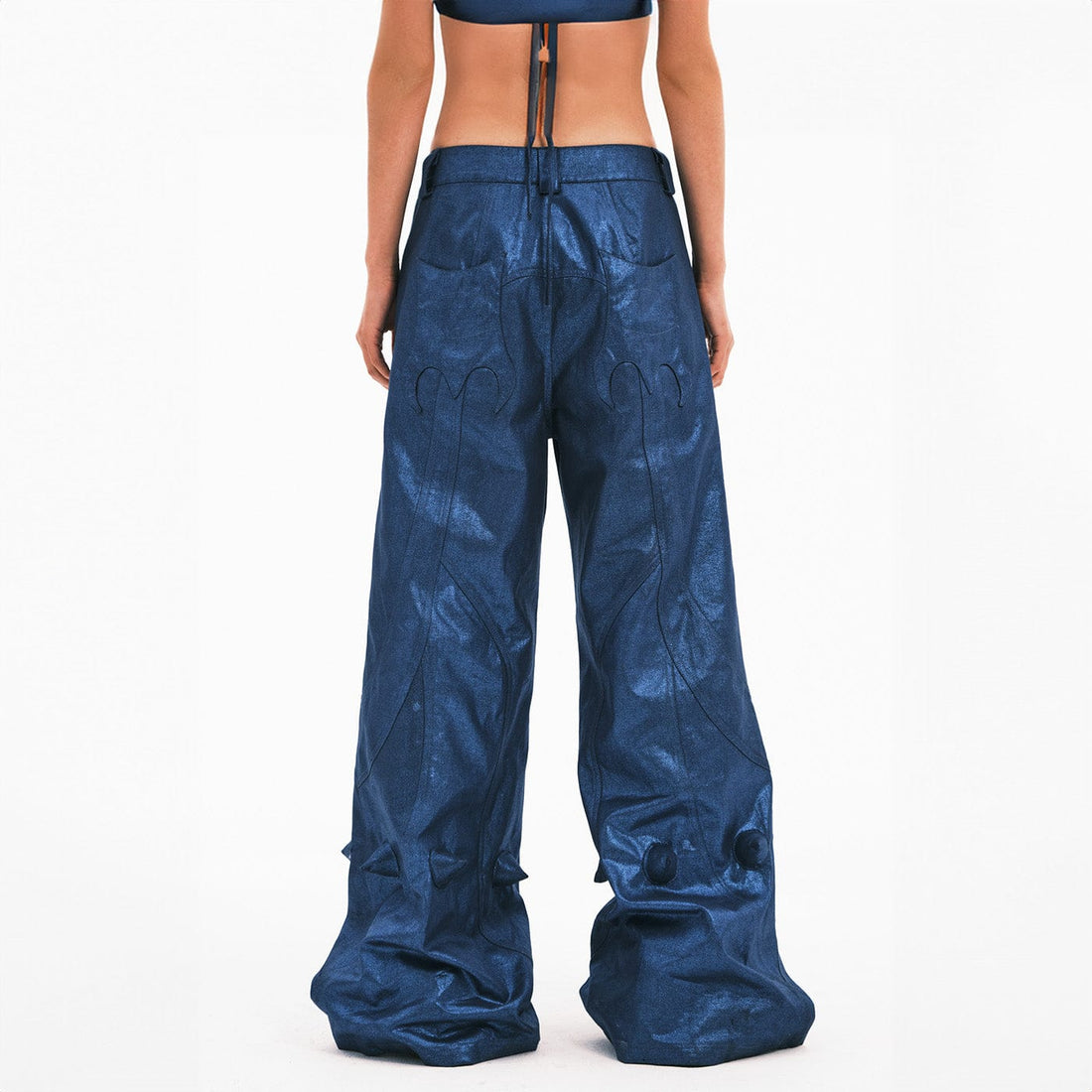 EMBRYO Metallic Devil Horned Wide-Leg Paneled Pants Blue-Pants-S-Free Shipping Leatheretro