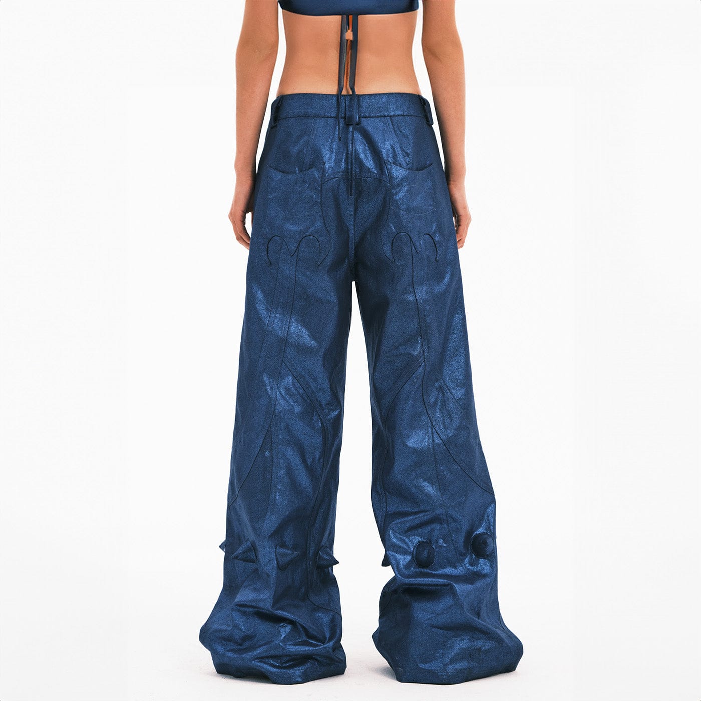 EMBRYO Metallic Devil Horned Wide-Leg Paneled Pants Blue-Pants-S-Free Shipping Leatheretro
