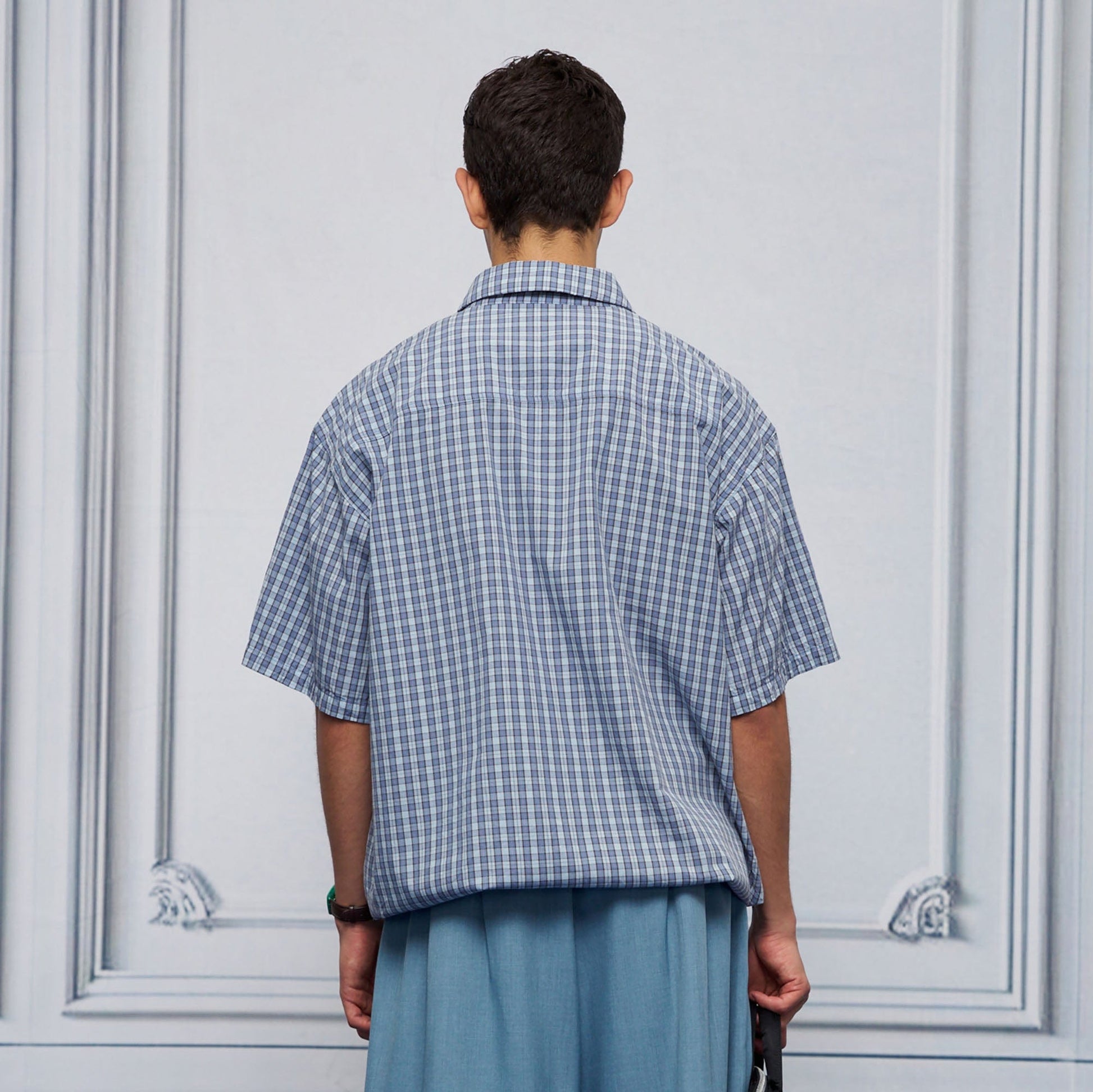 UNLIMITED MOTE Drawstring Hem Plaid Peter Pan Collar Half Shirt-Half shirt-XS-Blue-Free Shipping Leatheretro