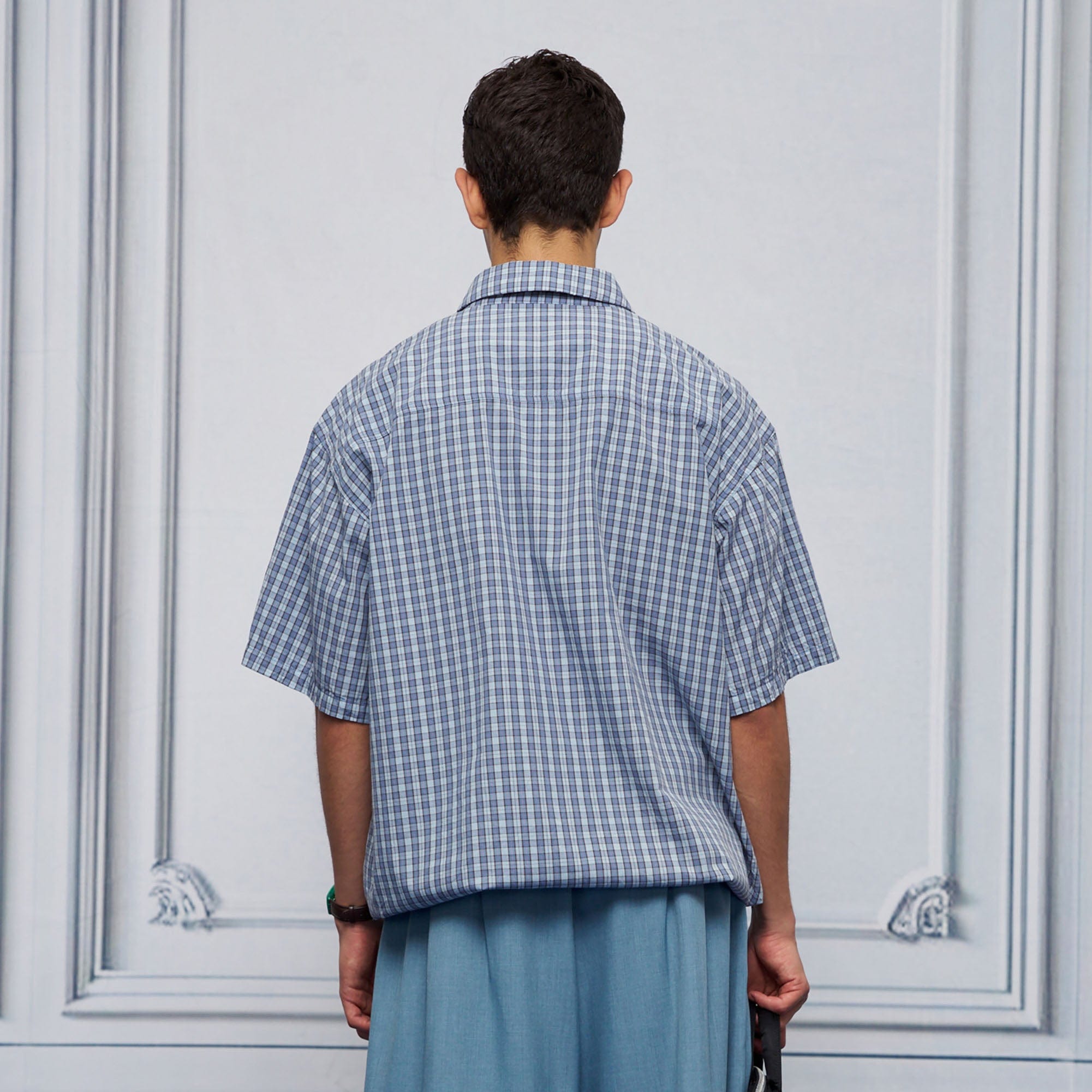 UNLIMITED MOTE Drawstring Hem Plaid Peter Pan Collar Half Shirt-Half shirt-XS-Blue-Free Shipping Leatheretro