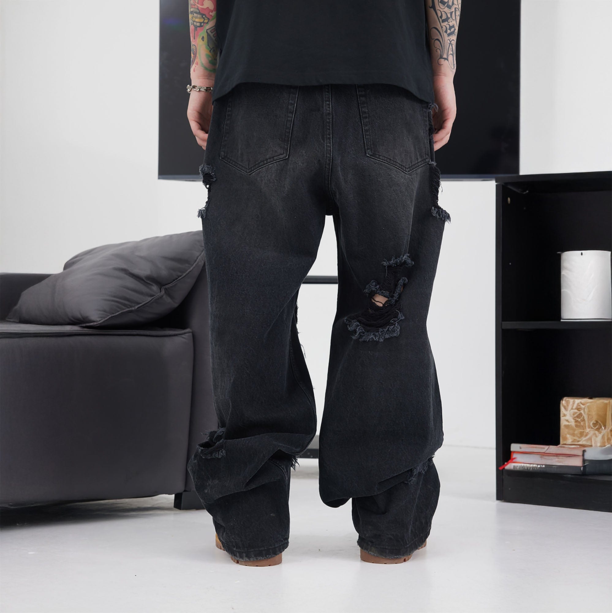 BLACK8MOB Heavy Ripped Washed Baggy Jeans-Jeans-S-Black-Free Shipping Leatheretro