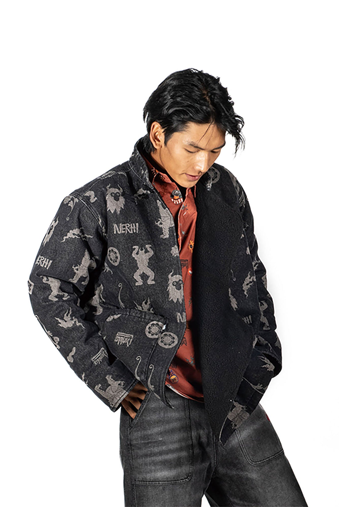 NERHI Tribal Totem Fleece Denim Jacket-Jacket-S (Preorder)-Free Shipping Leatheretro