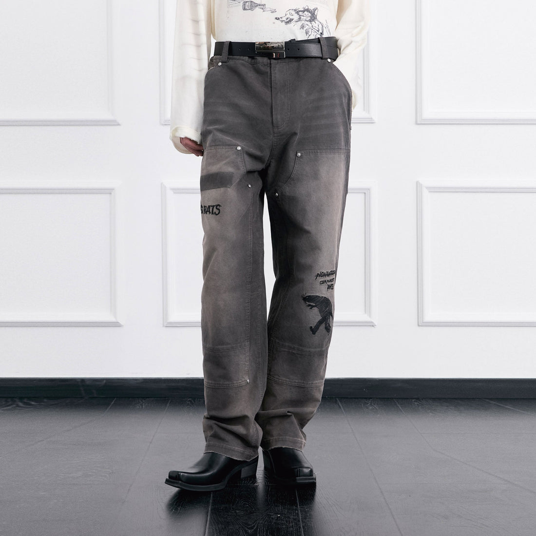 FACEONLAB Distressed Washed Double-Knee Pants-Pants-M-Free Shipping Leatheretro