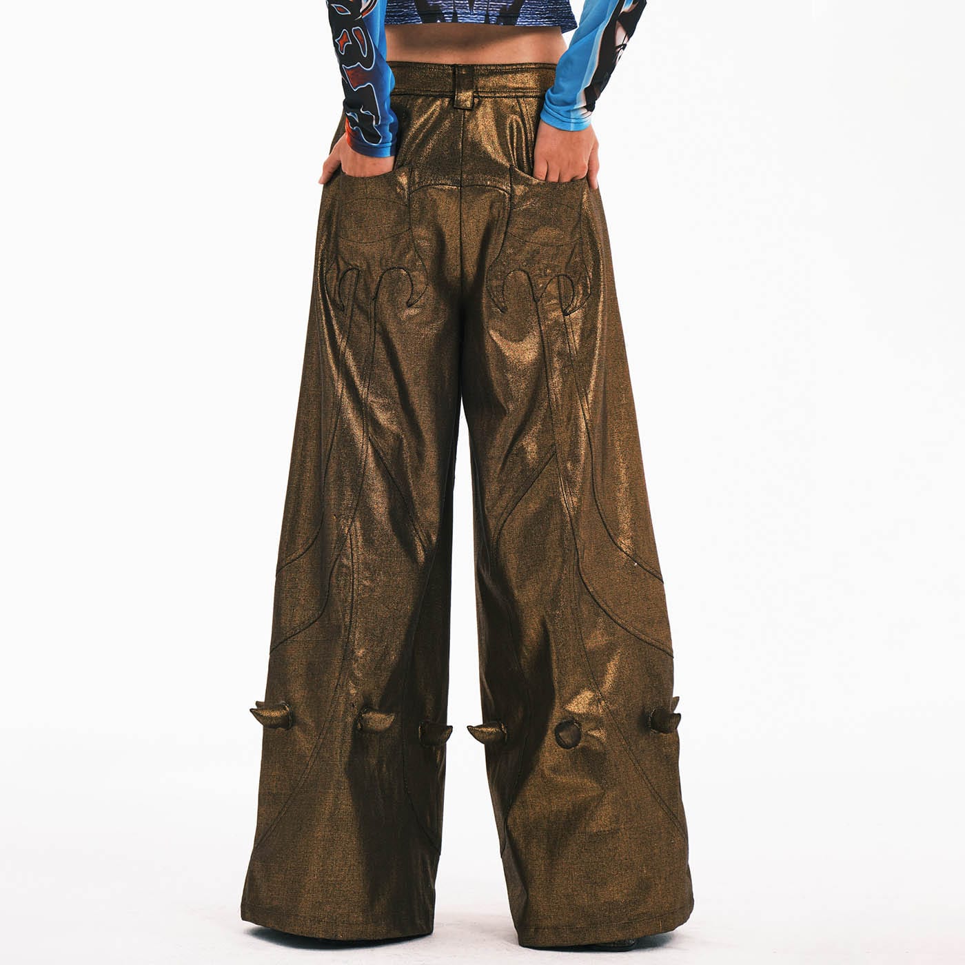 EMBRYO Metallic Devil Horned Wide-Leg Pants-Pants-S-Free Shipping Leatheretro