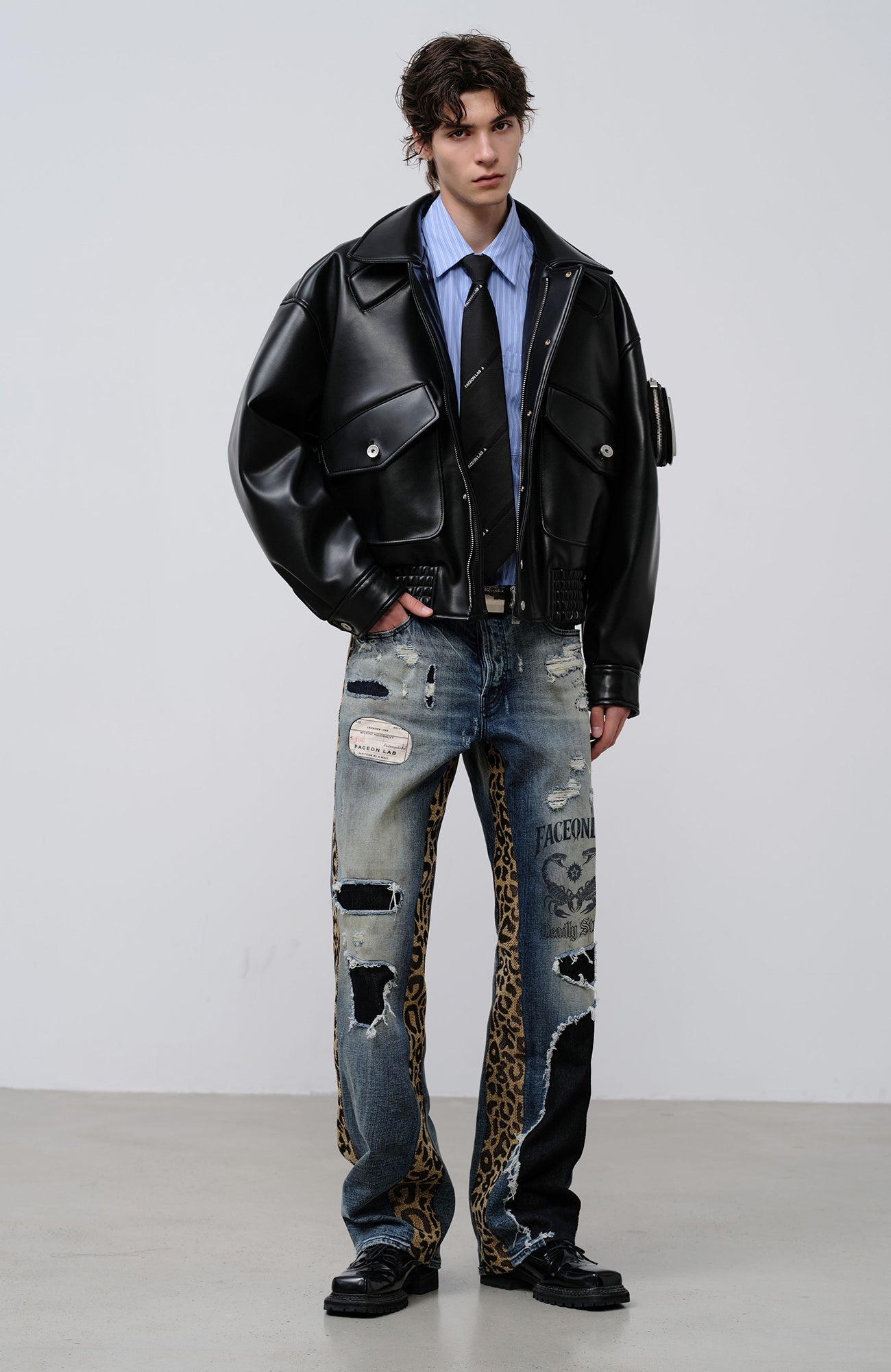 FACEONLAB Leopard Panel Distressed Straight-Leg Jeans-Jeans-M (preorder)-Free Shipping Leatheretro