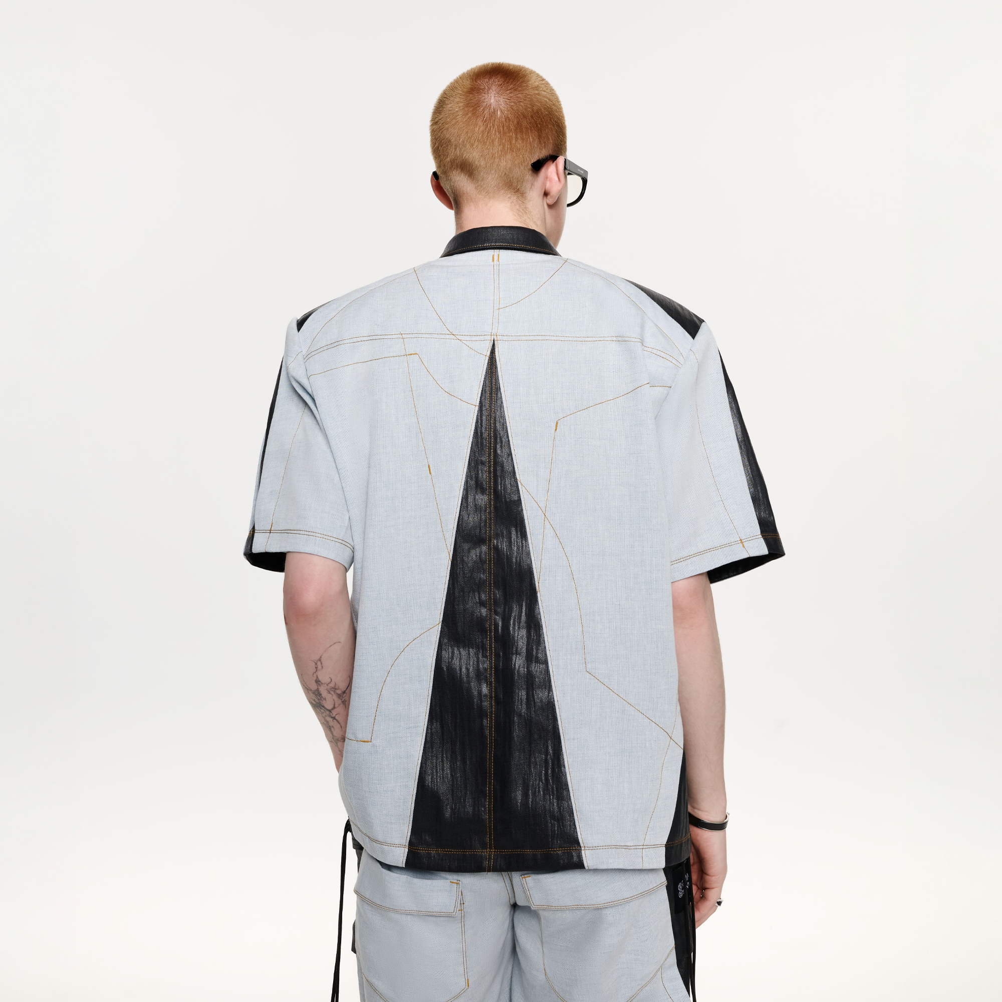 TIWILLTANG Contrast Stitch Paneled Zip-Up Half Shirt-Half shirt-S-Blue-Free Shipping Leatheretro