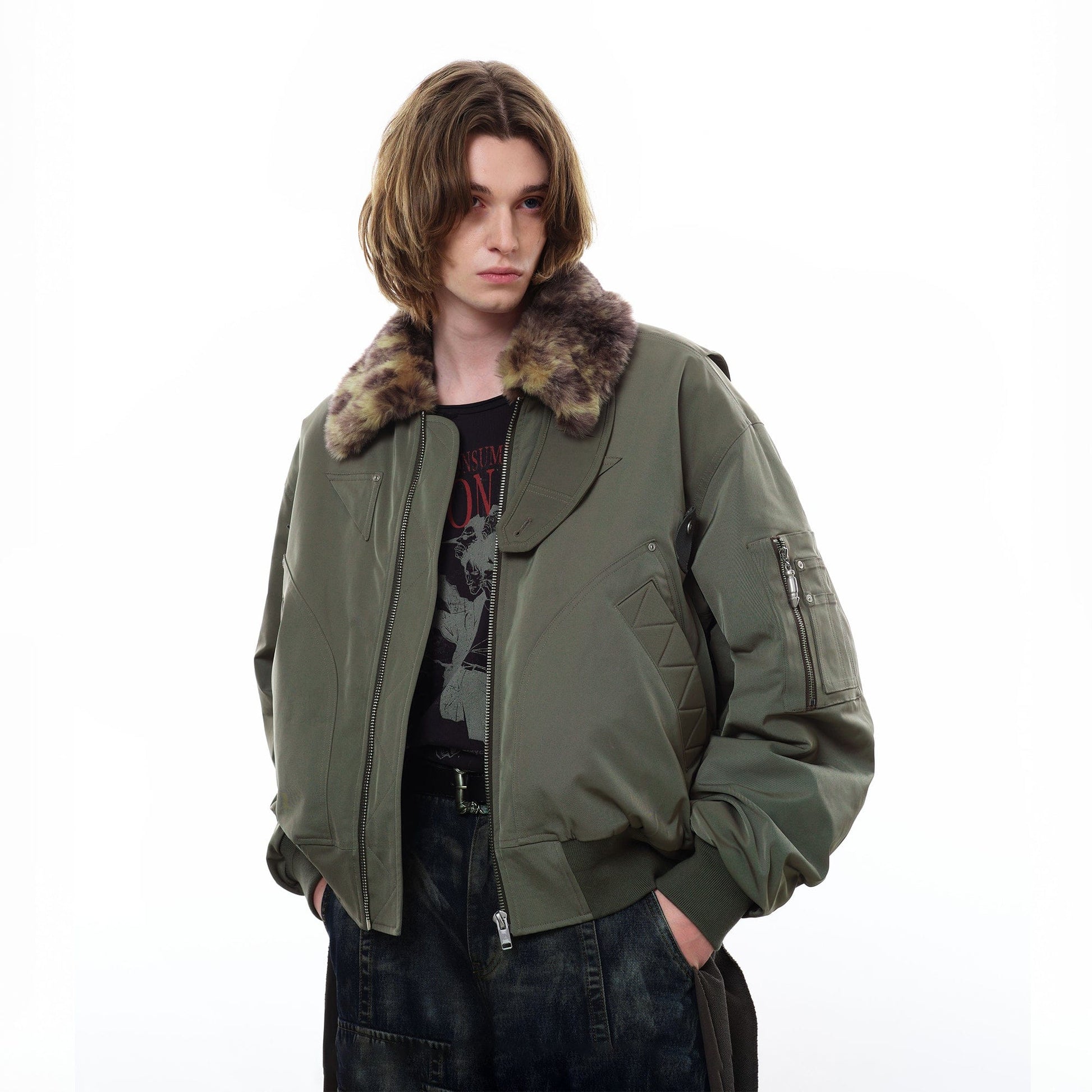 FACEONLAB Fleece-Lined B-15 BOMBER Jacket Green-Jacket-M-Free Shipping Leatheretro