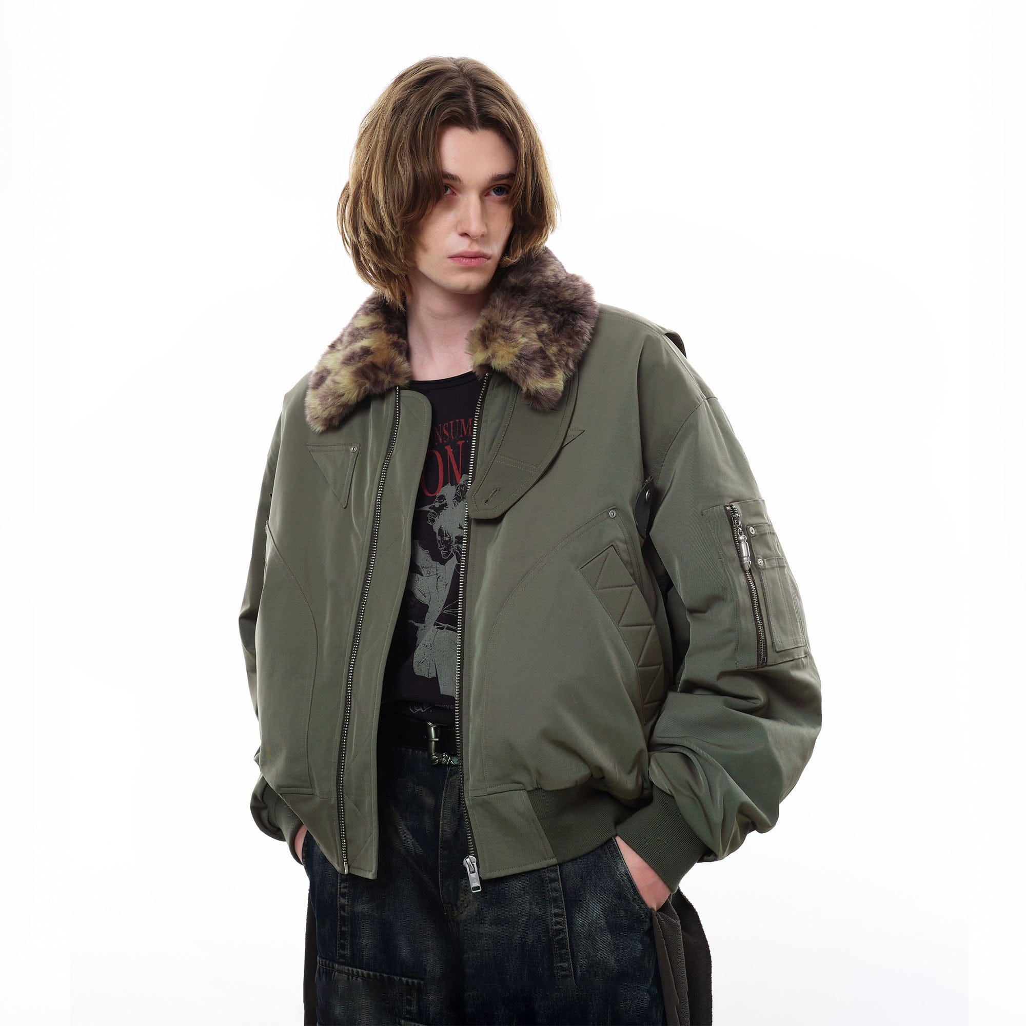 FACEONLAB Fleece-Lined B-15 BOMBER Jacket Green-Jacket-M-Free Shipping Leatheretro