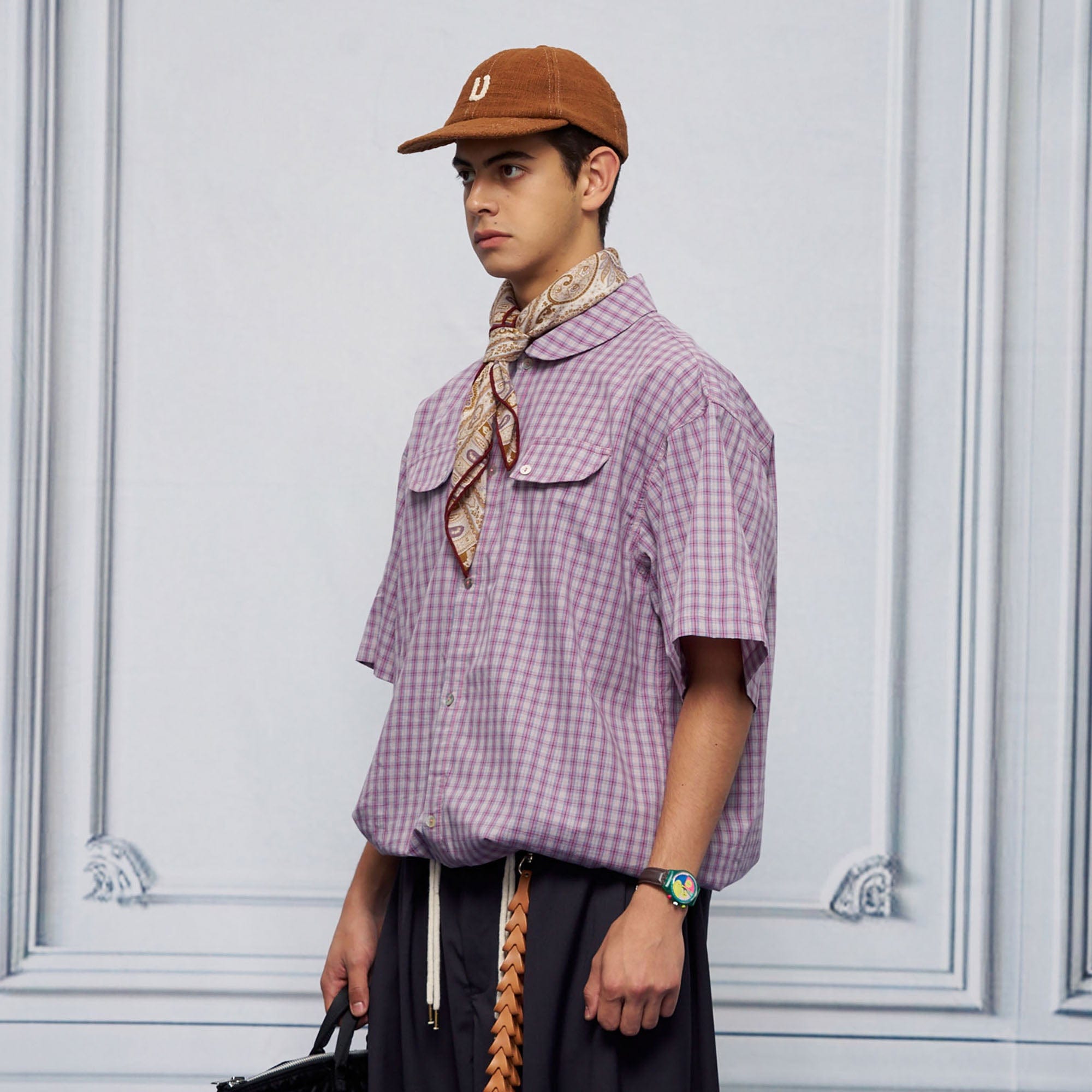 UNLIMITED MOTE Drawstring Hem Plaid Peter Pan Collar Half Shirt-Half shirt-XS-Blue-Free Shipping Leatheretro