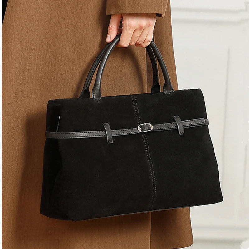 Suede Cowhide Genuine Leather Tote Handbags - Women Luxury Crossbody Bag-Handbags-Black-Free Shipping Leatheretro