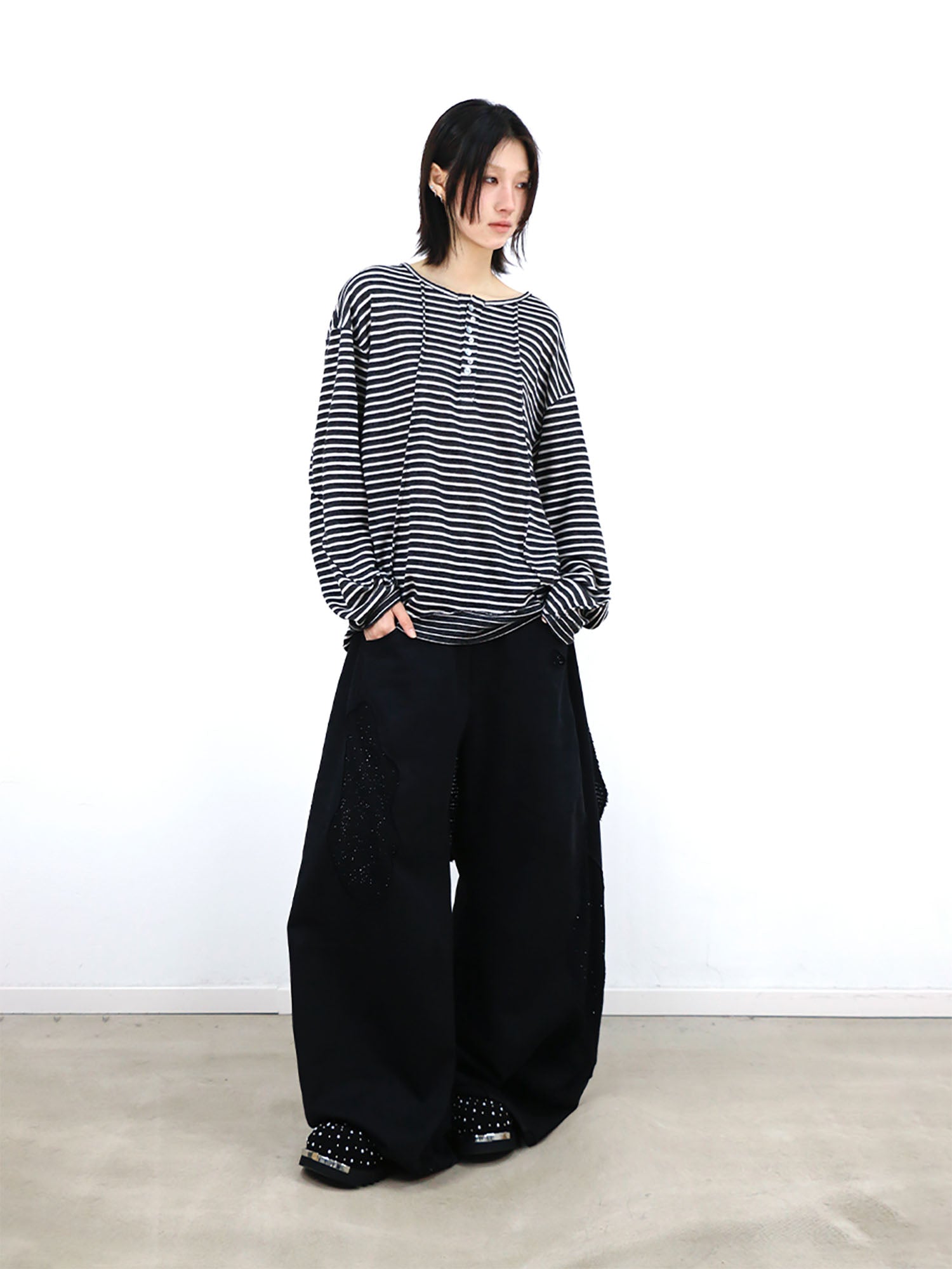 RELABEL Striped Pleated Henley Long-Sleeve Tee-L/S Tee-XS-Free Shipping Leatheretro