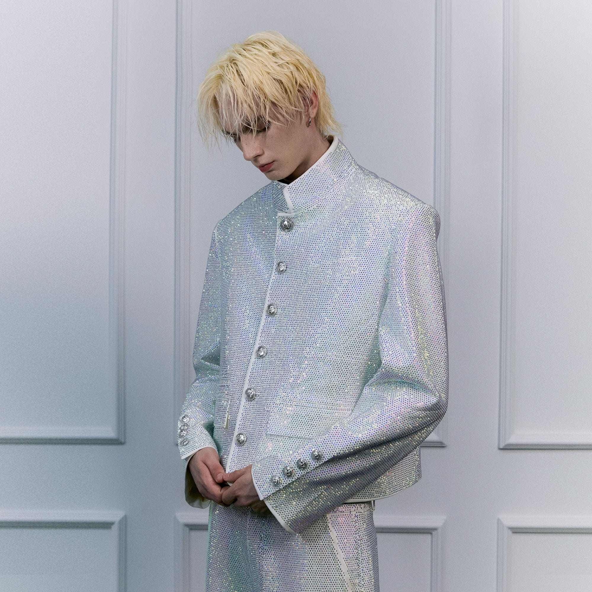 FACEONLAB Iridescent Diamond Mandarin Collar Jacket-Jacket-M-Free Shipping Leatheretro