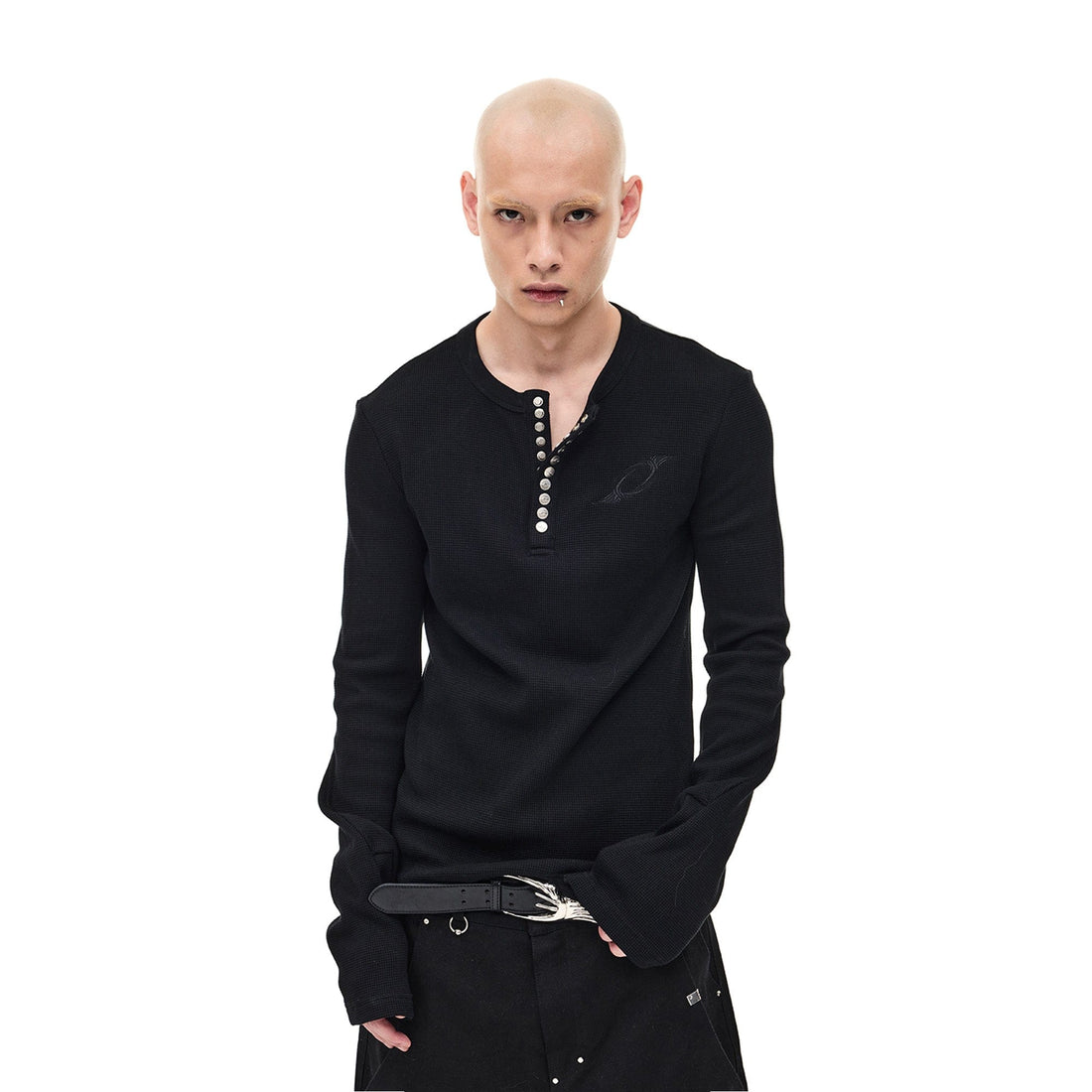 WHISTLEHUNTER Waffle-Knit Snap Henley Long-Sleeve Tee-L/S Tee-S-Gray-Free Shipping Leatheretro