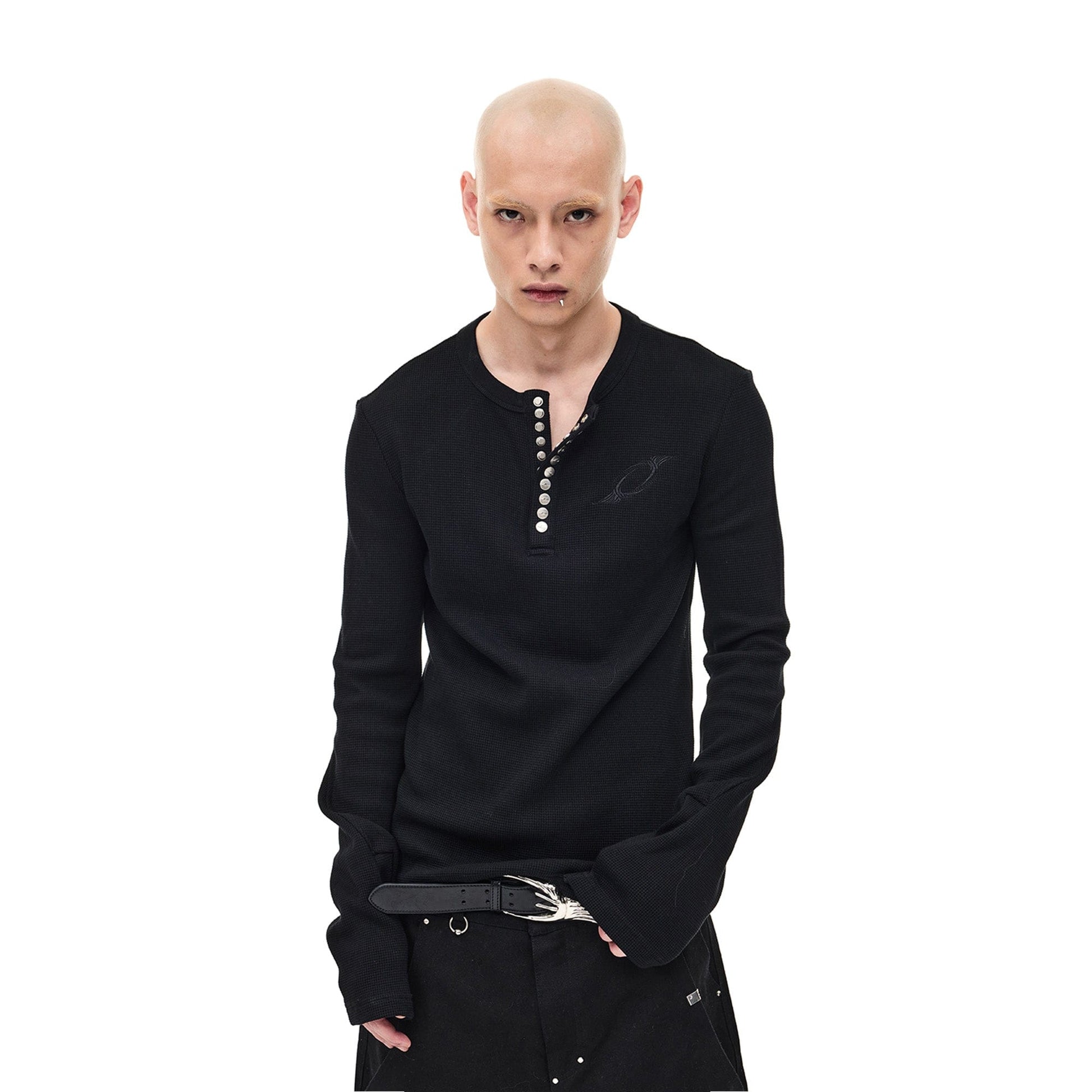 WHISTLEHUNTER Waffle-Knit Snap Henley Long-Sleeve Tee-L/S Tee-S-Black-Free Shipping Leatheretro