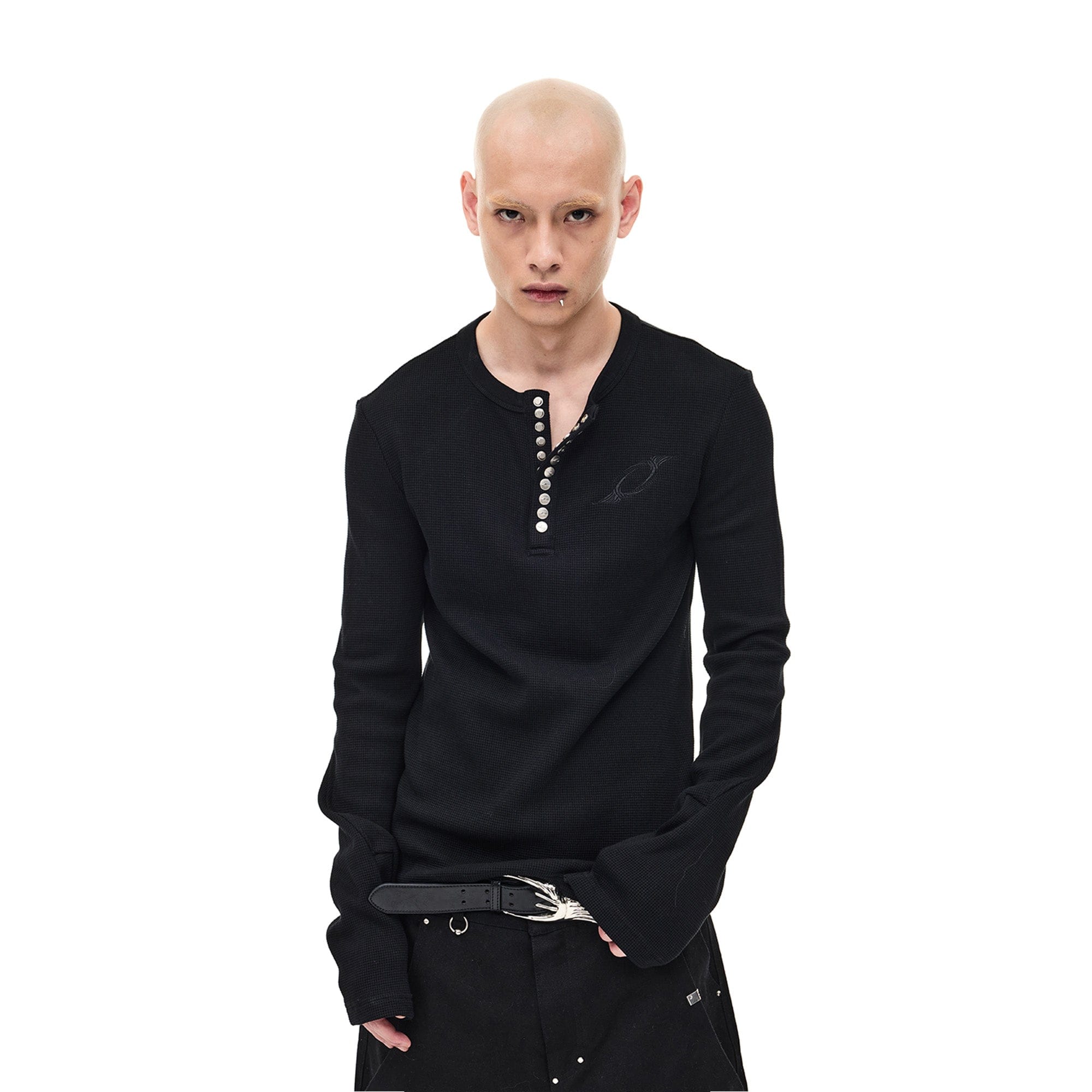 WHISTLEHUNTER Waffle-Knit Snap Henley Long-Sleeve Tee-L/S Tee-S-Black-Free Shipping Leatheretro
