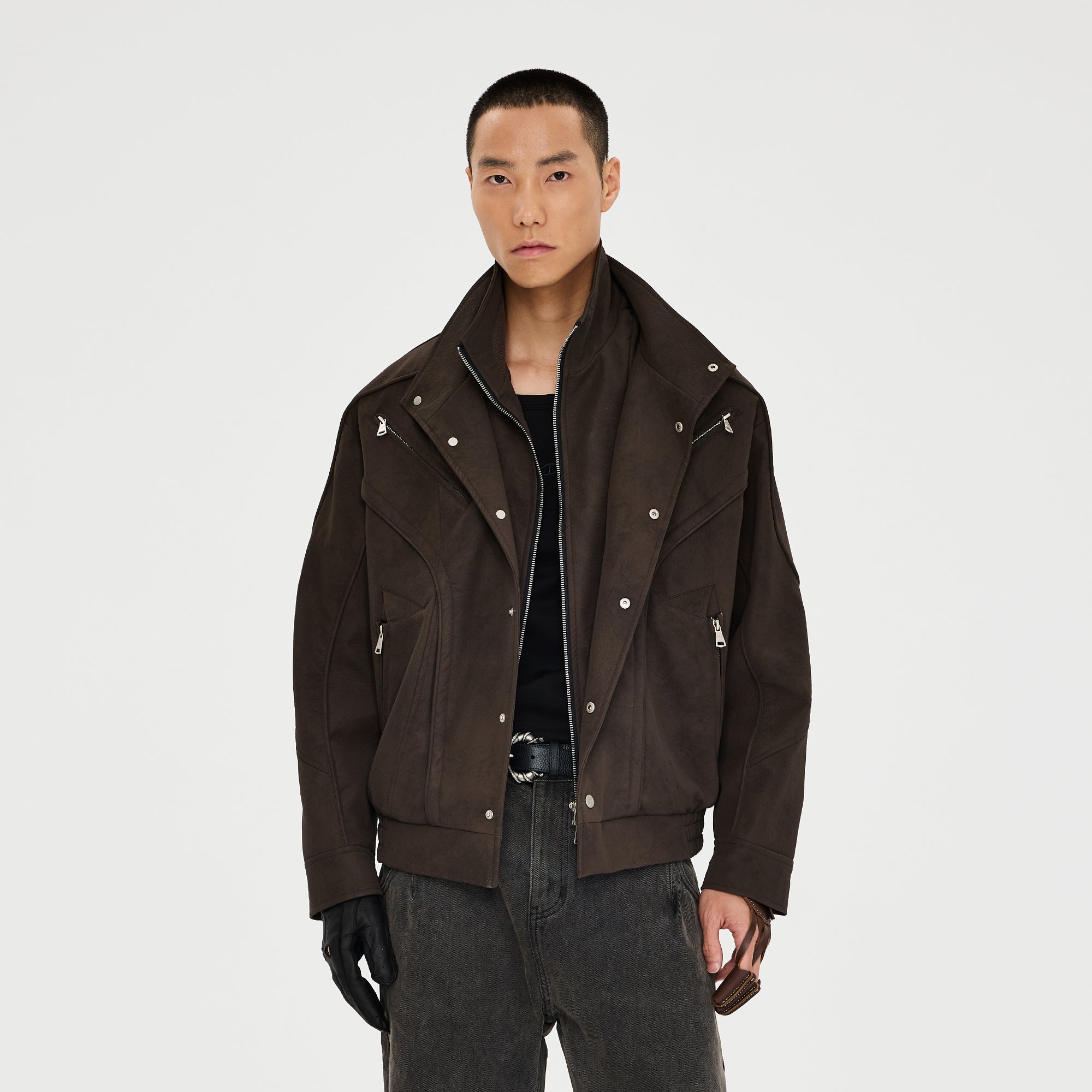 CATSSTAC Layered Placket Structured Paneled PU Jacket-Jacket-M (Preorder)-Free Shipping Leatheretro