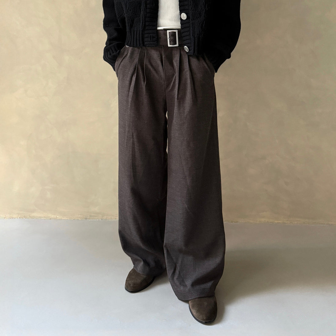 IN EXISTENCE Pleated Belted Wide-Leg Trousers-Pants-S-Light Gray-Free Shipping Leatheretro