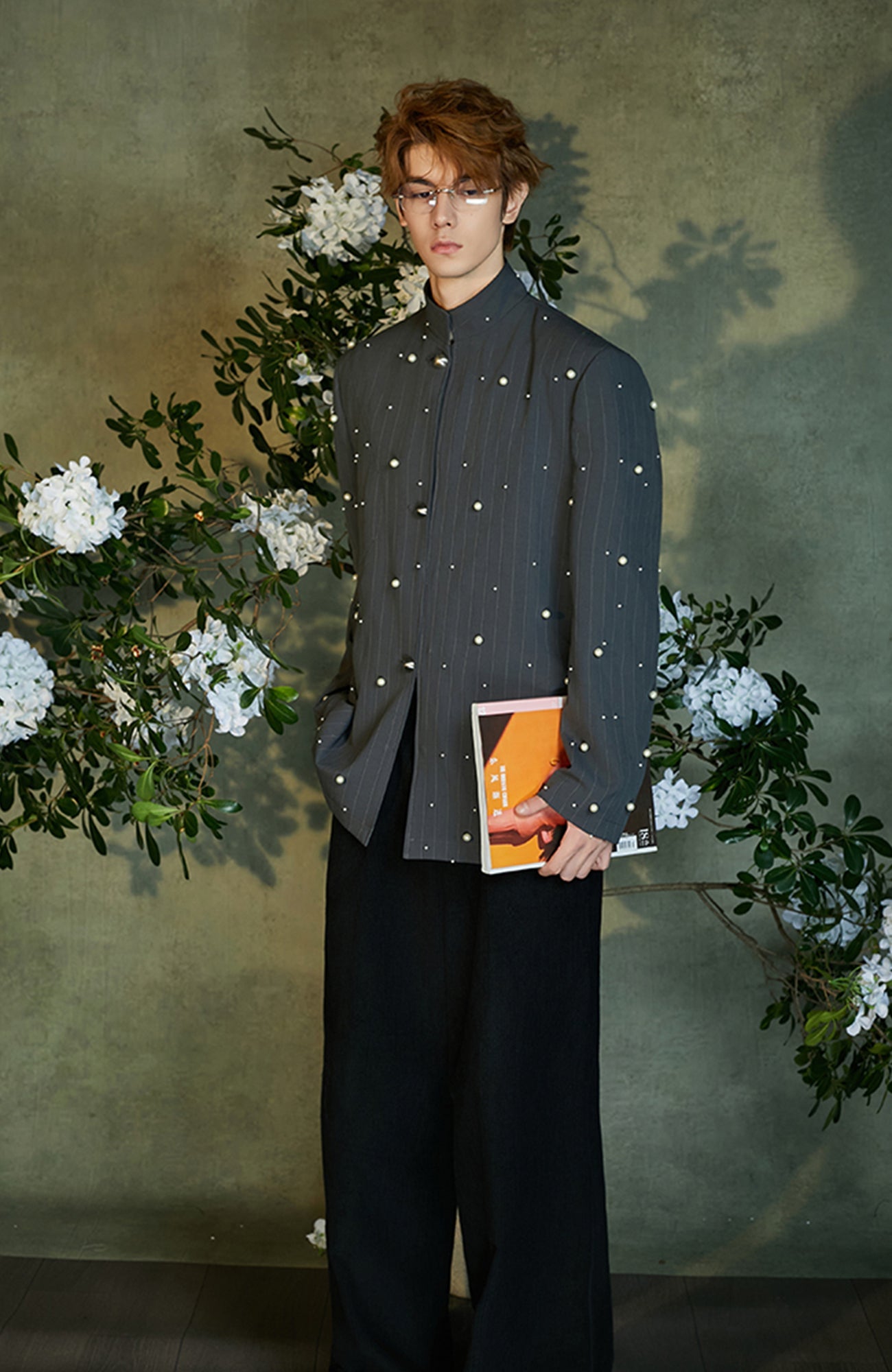 JIECHI Pearl Embellished Stripe Mandarin Shirt-Shirt-M (Preorder)-Free Shipping Leatheretro