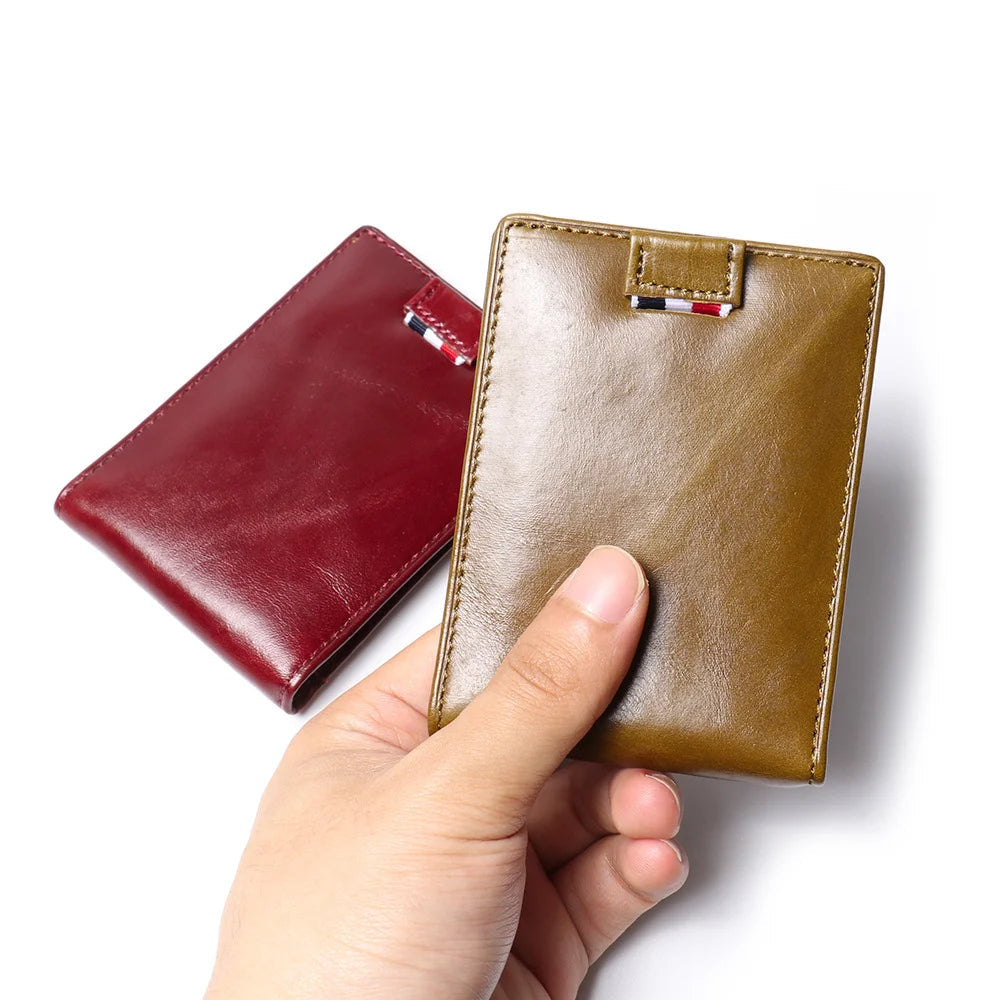 Men’s Slim Leather Card Holder Wallet – Genuine Cowhide with Dollar Clip-Wallets & Money Clips-Olive Green-Free Shipping Leatheretro