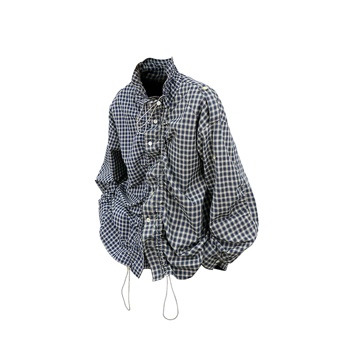 RELABEL Ruched Contrast Gingham Drawstring Shirt-Shirt-XS-Free Shipping Leatheretro