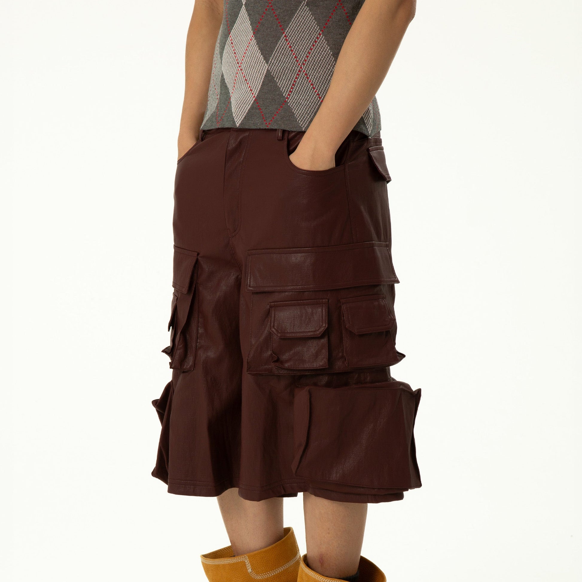 CLP Punk Faux Leather Multi-Pocket Cargo Shorts-Shorts-M-Black-Free Shipping Leatheretro