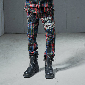 VENTUREK Distressed Zippered-Hem Slogan Slim Plaid Pants-Pants-S-Free Shipping Leatheretro