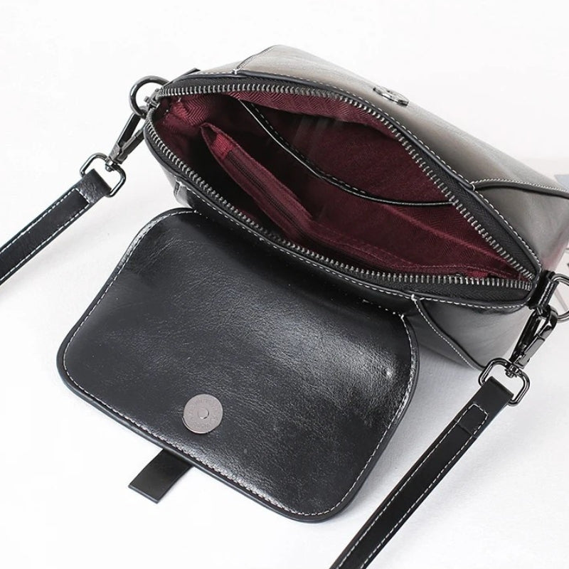 Oil Wax Cowhide Leather Crossbody Bag - Fashionable Versatile Shoulder Shell Handbag-Crossbody Bag-Black-Free Shipping Leatheretro