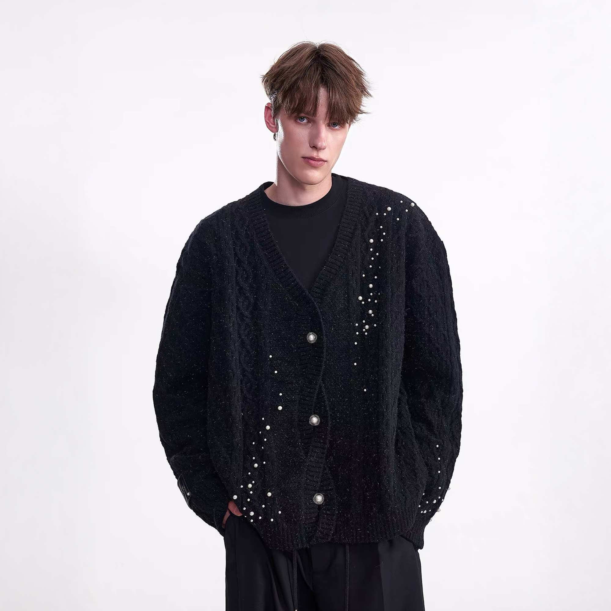 TIWILLTANG Pearl-Embellished Cable Knit Cardigan