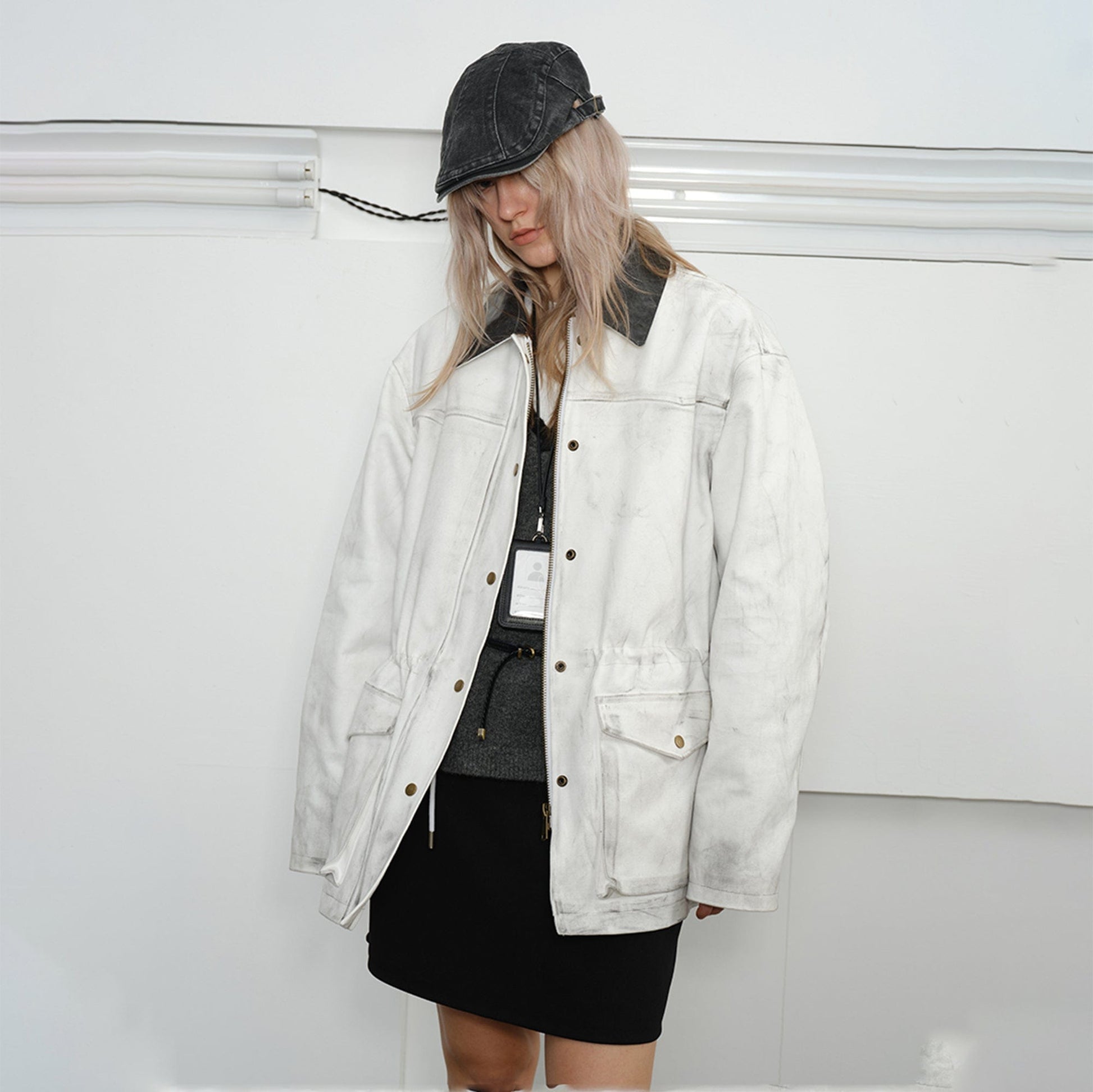 KREATE Aged Canvas Spliced Big-Pocket Jacket-Jacket-S-White-Free Shipping Leatheretro