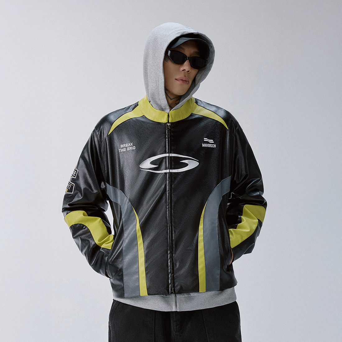 F2CE Contrast Panel Embroidered Moto Jacket-Jacket-S-Free Shipping Leatheretro