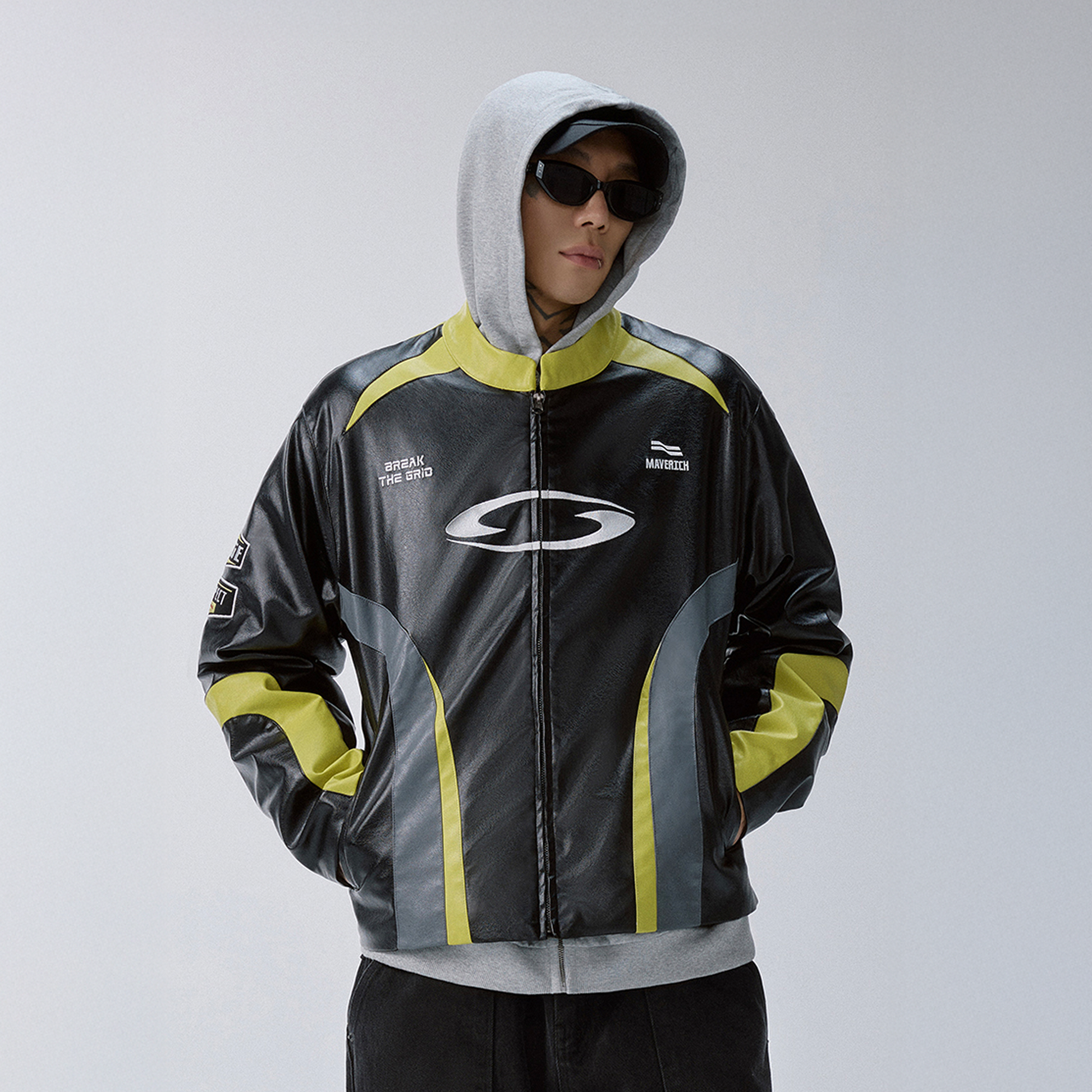 F2CE Contrast Panel Embroidered Moto Jacket-Jacket-S-Free Shipping Leatheretro