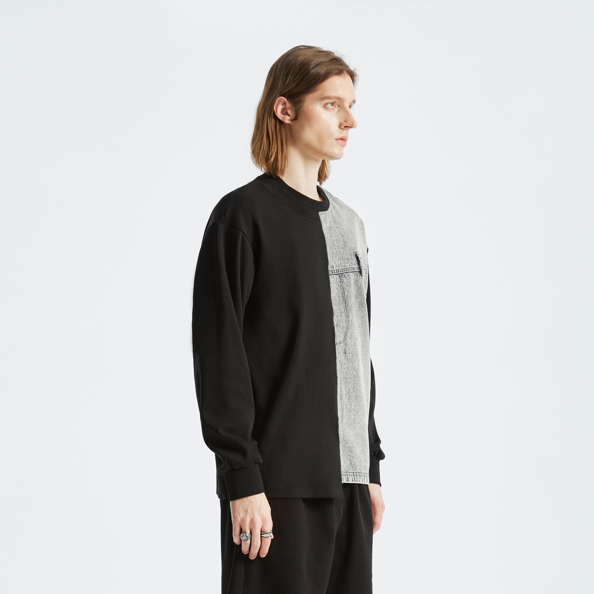 ORGANIC EMOTION Denim Spliced Long-Sleeve Tee-L/S Tee-S-Free Shipping Leatheretro