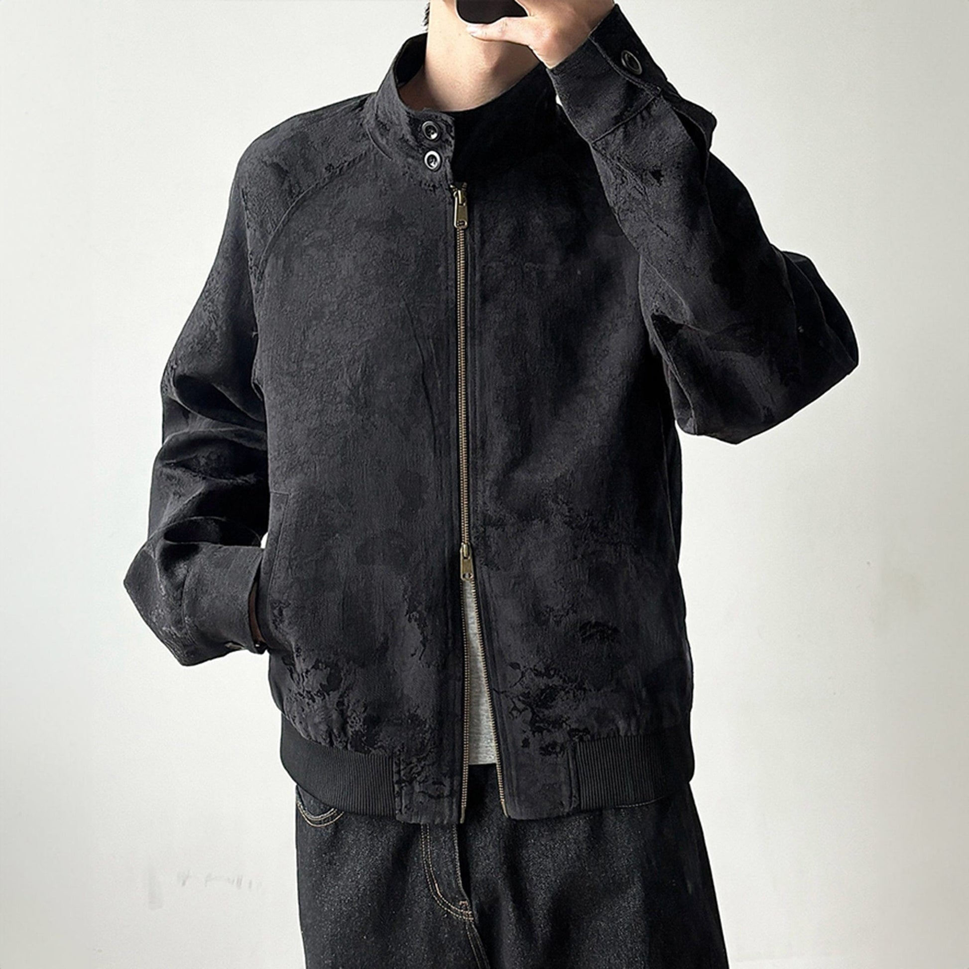 KREATE Jacquard Spider Lily Stand-Collar Wellington Jacket-Jacket-S-Black-Free Shipping Leatheretro