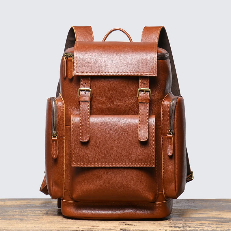 Cowhide Leather Backpack – High-Capacity Men’s Travel, Hiking & Laptop Satchel Bag-Backpacks-Brown-Free Shipping Leatheretro