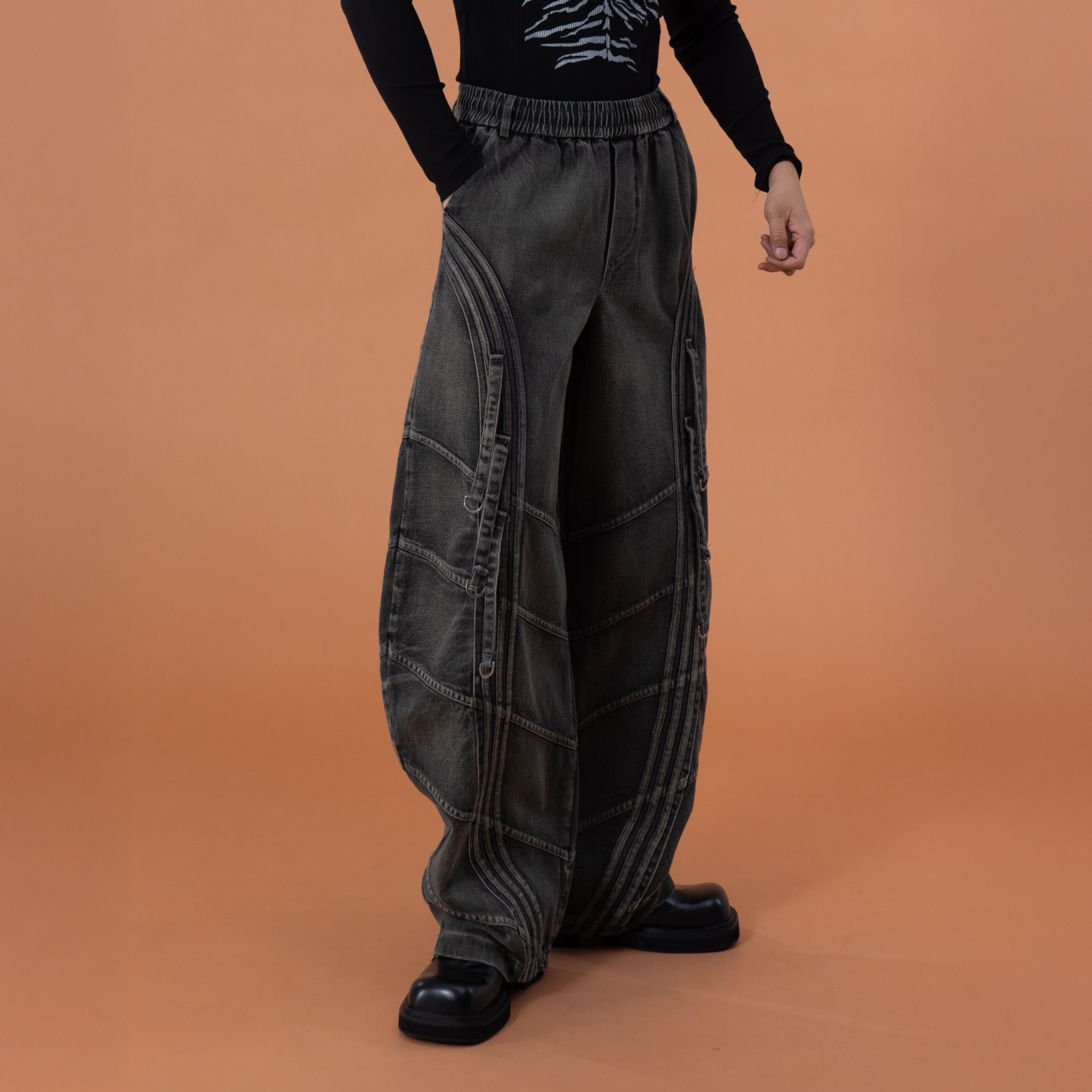 CLP Washed Arc Panel Strap Wide-Leg Jeans-Jeans-S-Free Shipping Leatheretro