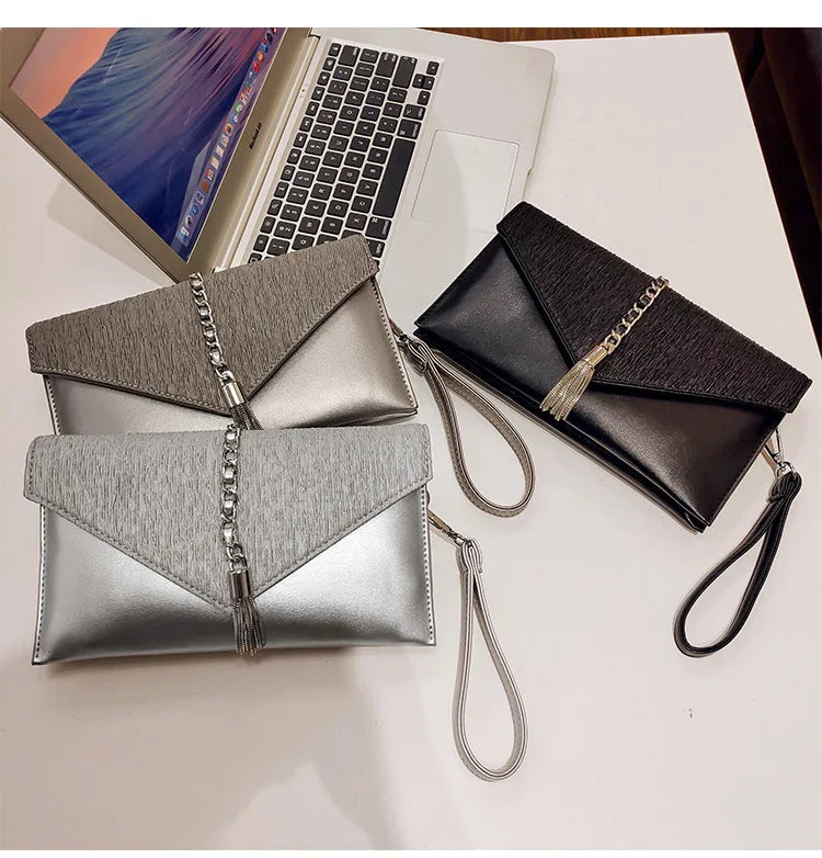 PU leather Tassels ladies Women Shoulder Bag - Envelope Clutches Purse-Clutch-Black-Free Shipping Leatheretro