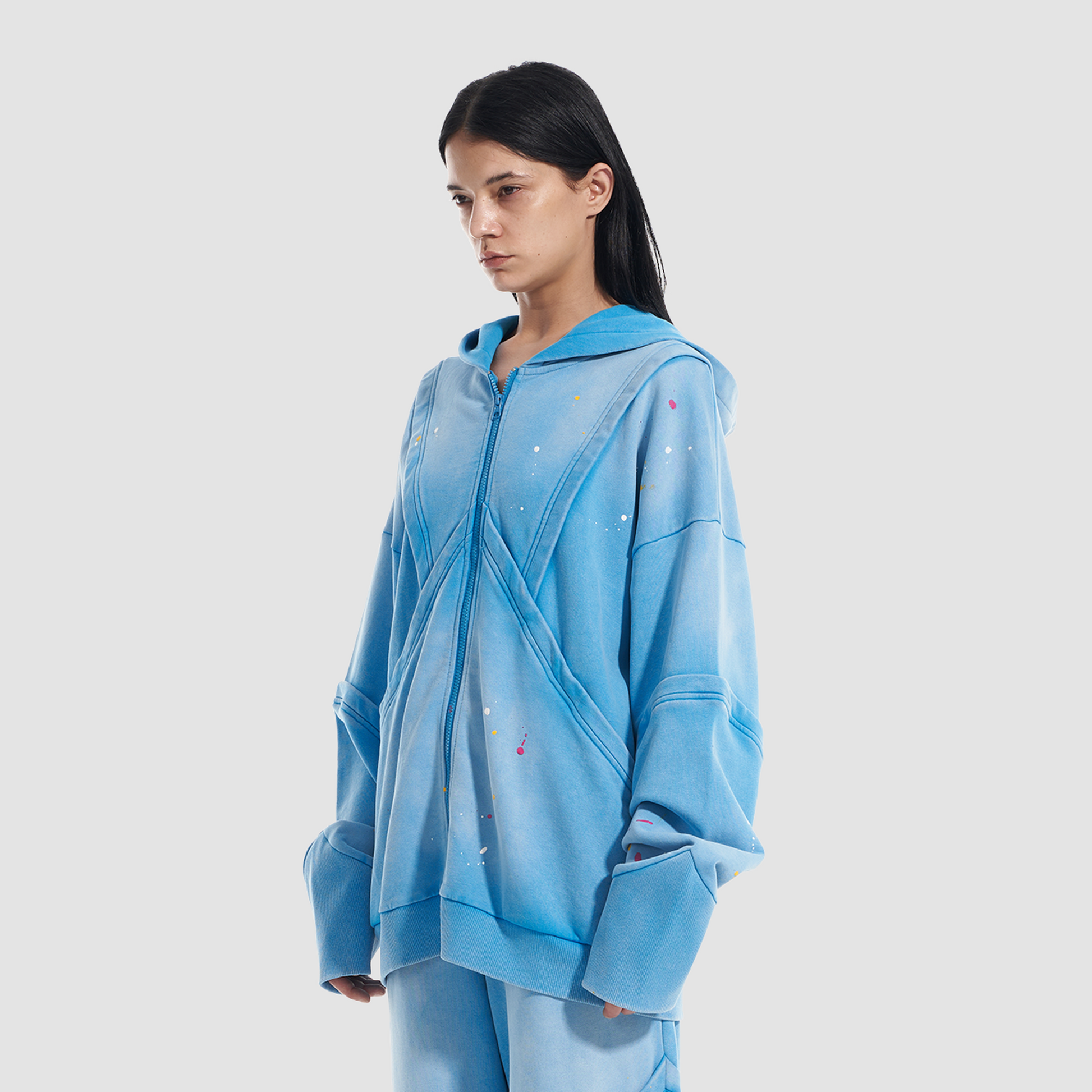 VANN VALRENCE Washed Paint-Splattered Paneled Zip Hoodie-Jacket-S-Blue-Free Shipping Leatheretro