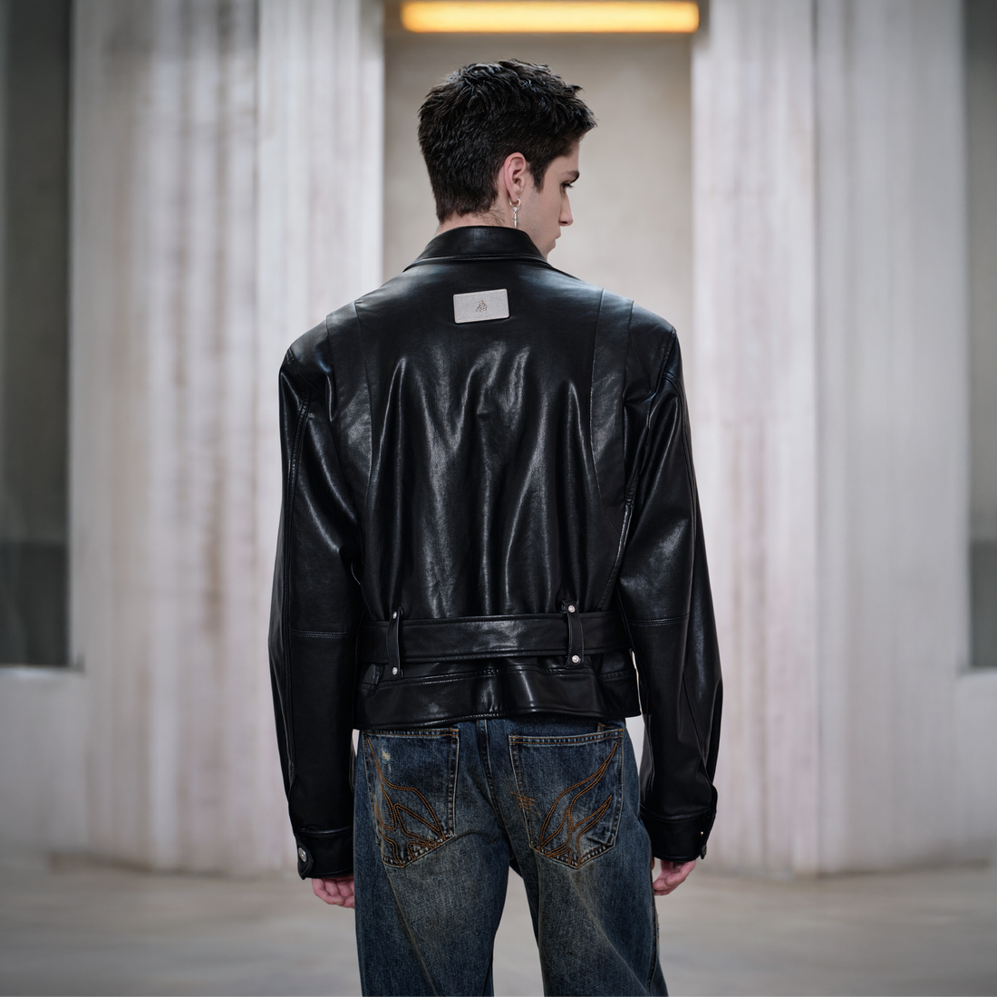 FACEONLAB Metal Epaulettes Belted Faux Leather Jacket Black-Jacket-M (Preorder)-Free Shipping Leatheretro