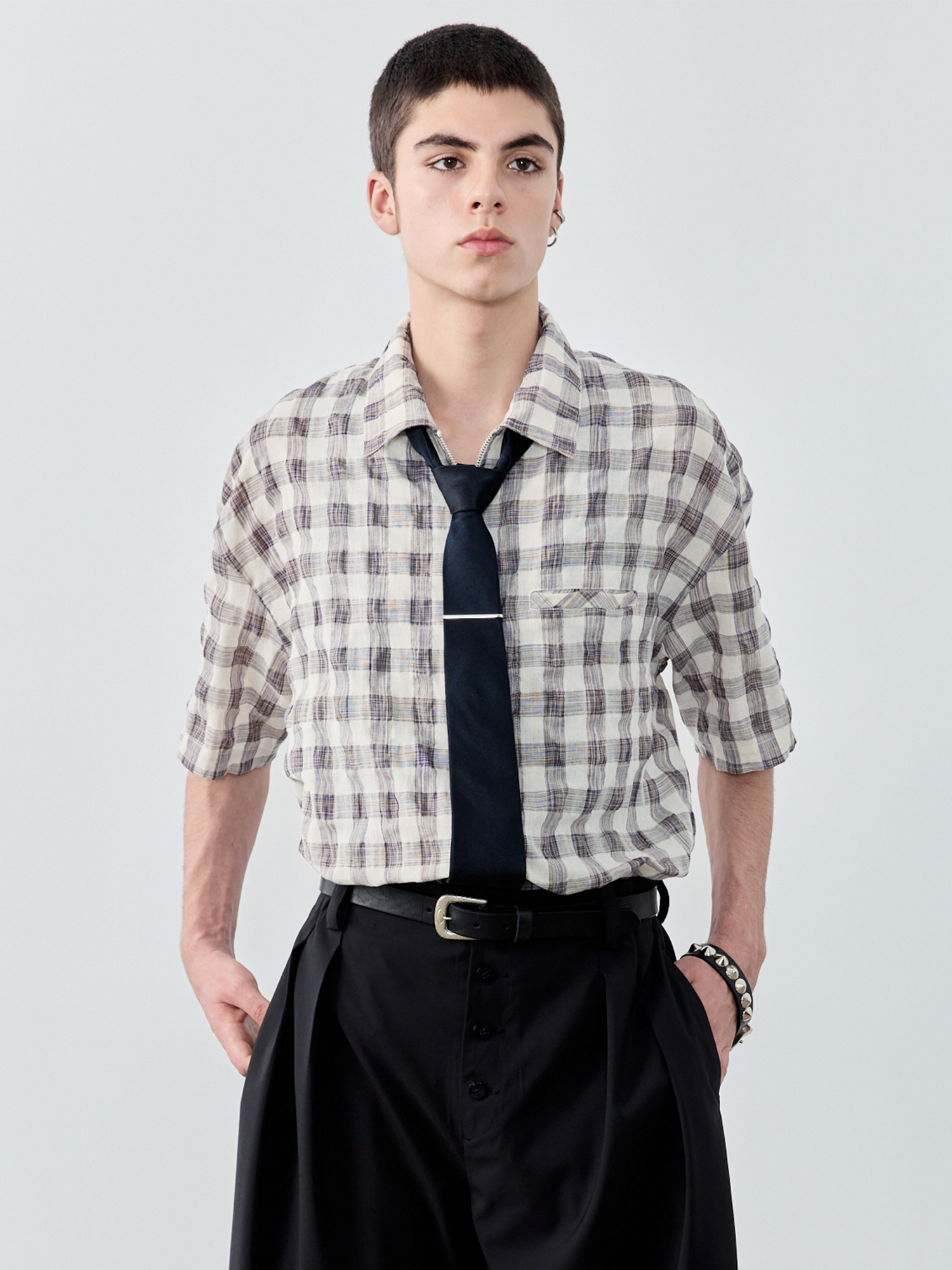 GRAINMUSTARD Retro Plaid Zip Half Shirt-Half shirt-XS-Free Shipping Leatheretro