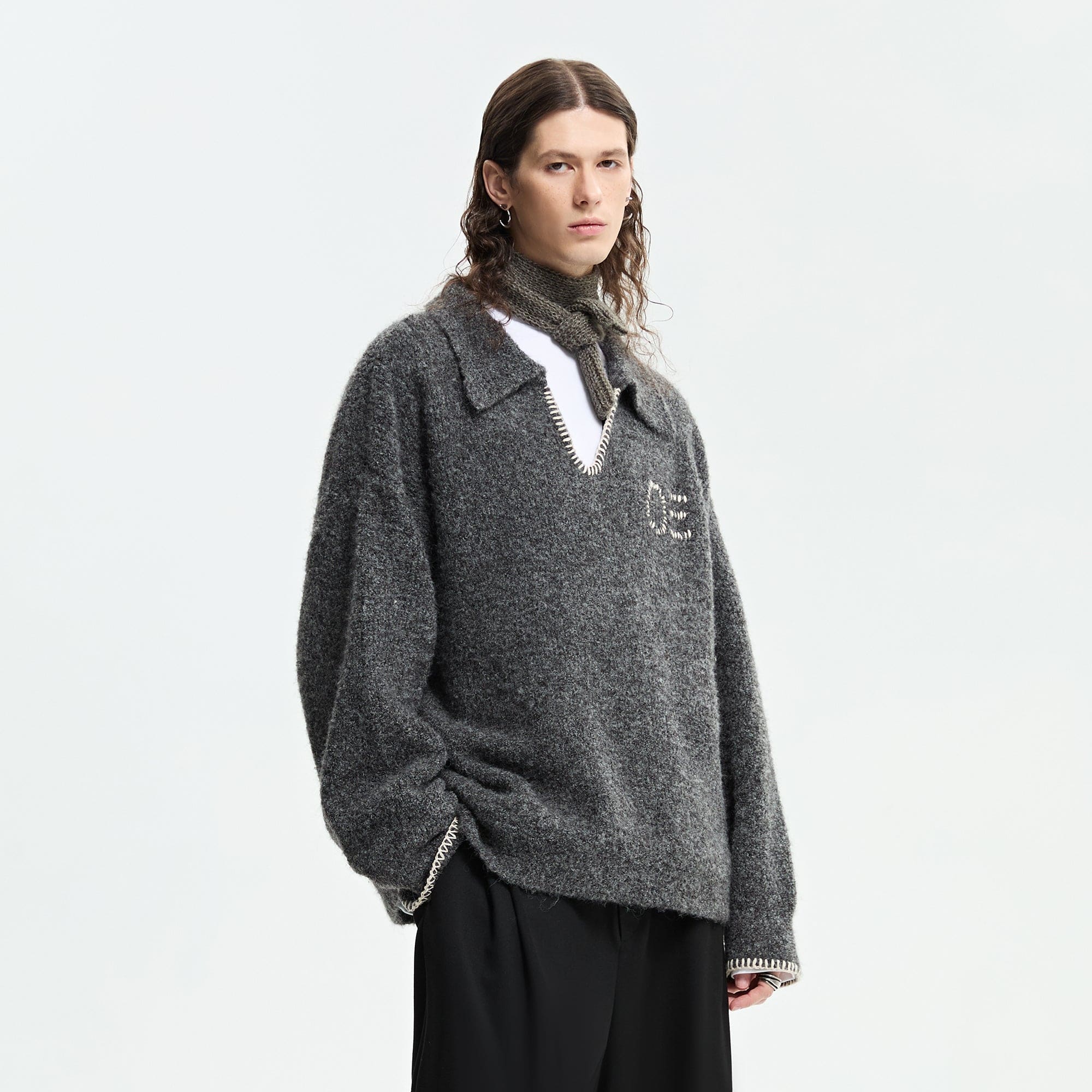 ORGANIC EMOTION Stitches V-neck Oversized Sweater-Sweater-S-Free Shipping Leatheretro