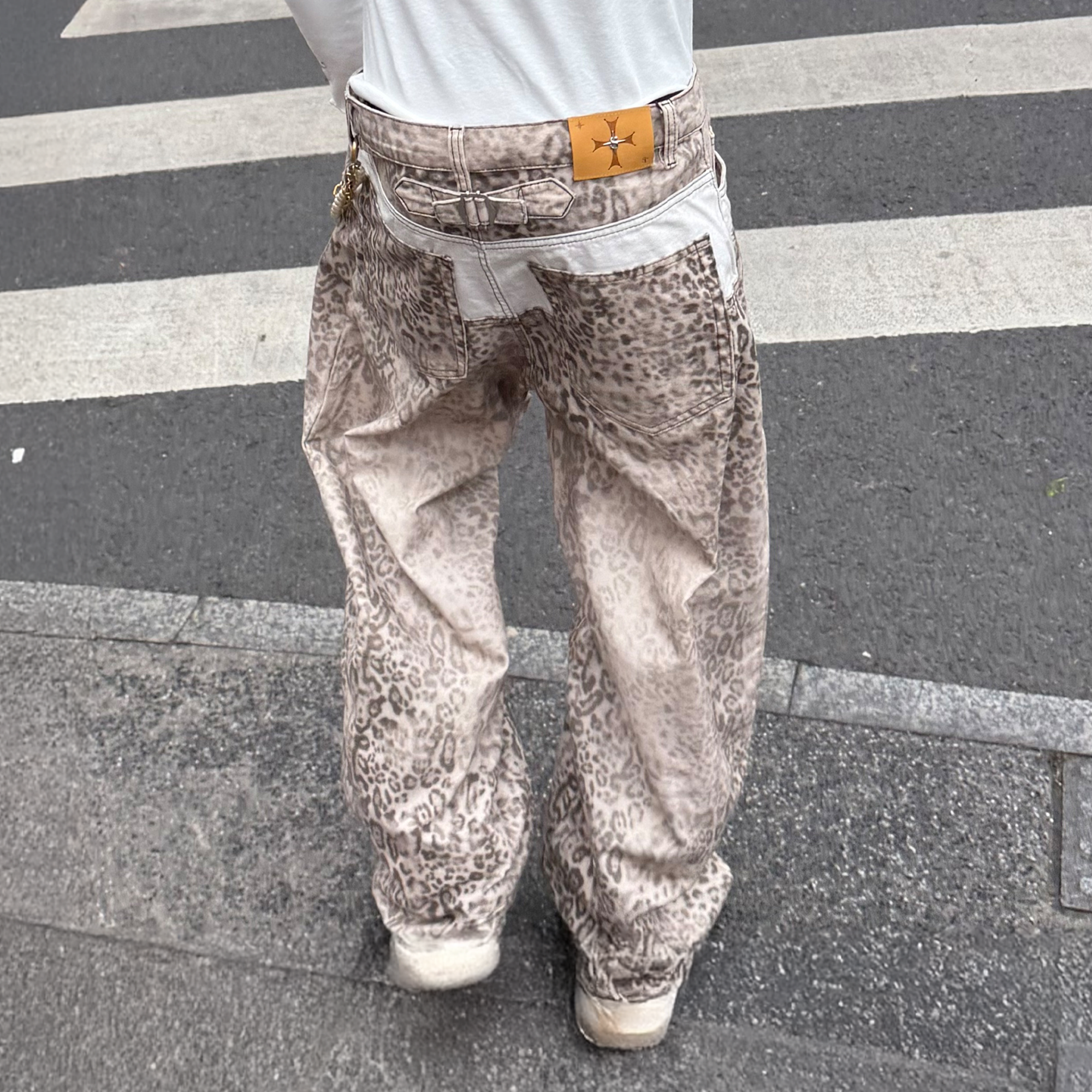 STEEPC Leopard Washed Paneled Wide-Leg Pants-Pants-S-Free Shipping Leatheretro