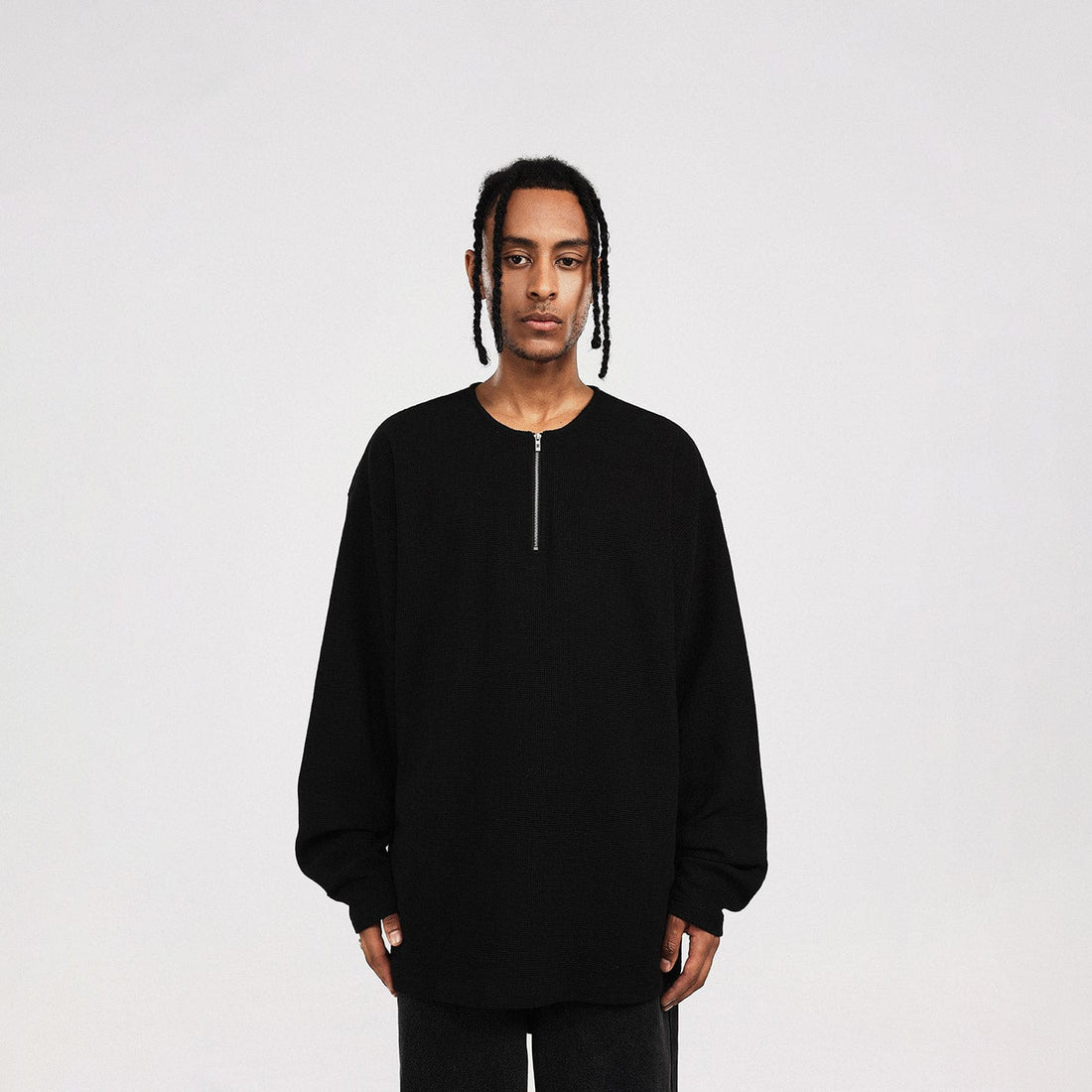 BONELESS Collarless Half-Zip Waffle L/S Tee-L/S Tee-S-Grey-Free Shipping Leatheretro