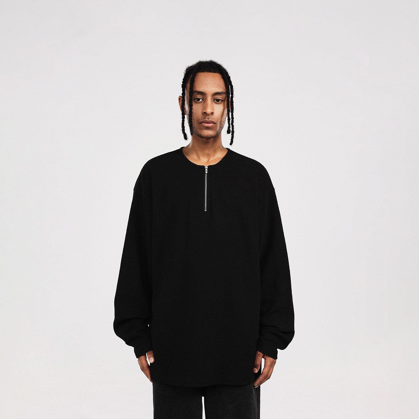 BONELESS Collarless Half-Zip Waffle L/S Tee-L/S Tee-S-Grey-Free Shipping Leatheretro