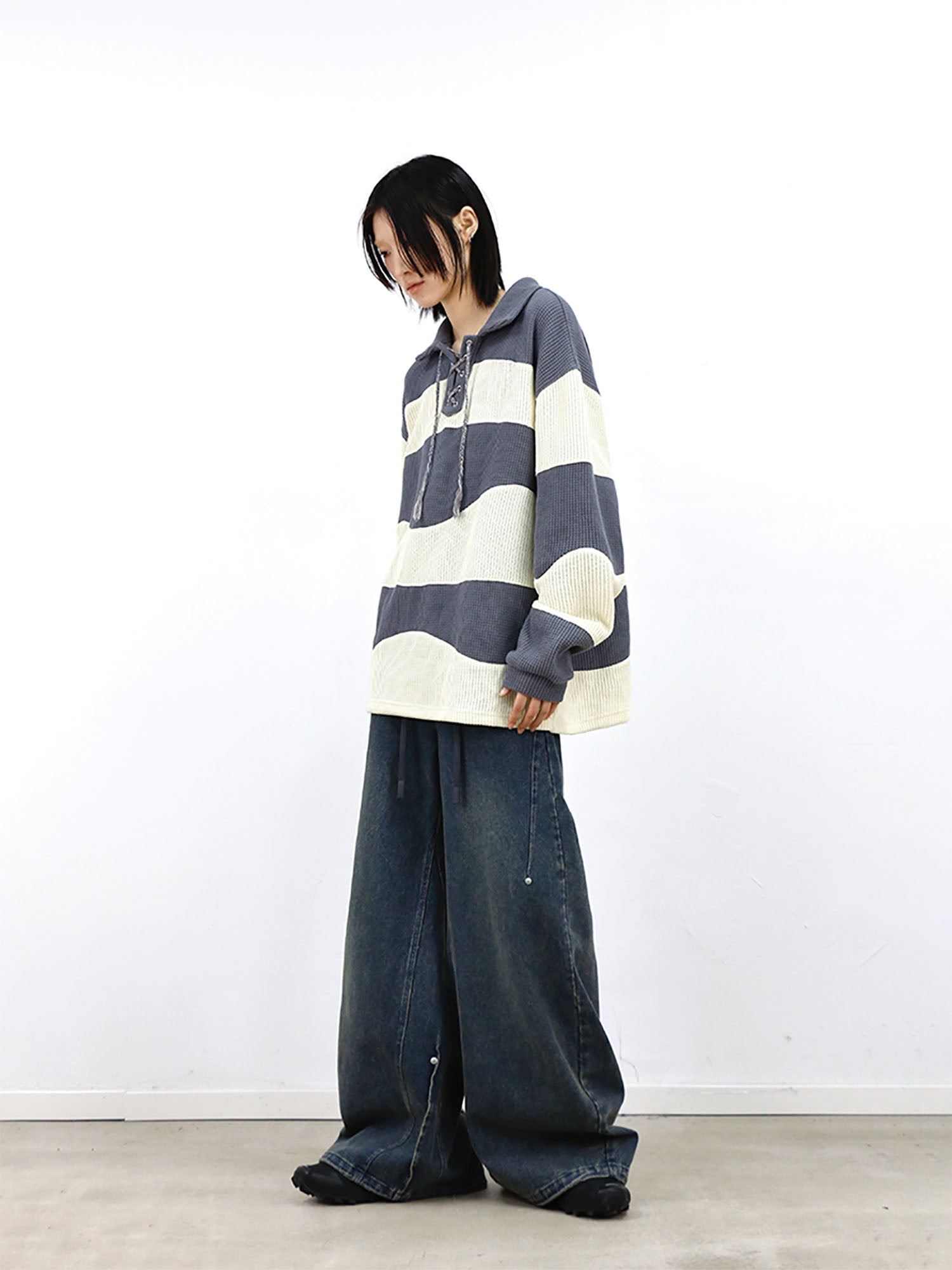 RELABEL Waffle-Knit Stripe Lace-Up Sweatshirt-Sweatshirt-XS (Preorder)-Free Shipping Leatheretro