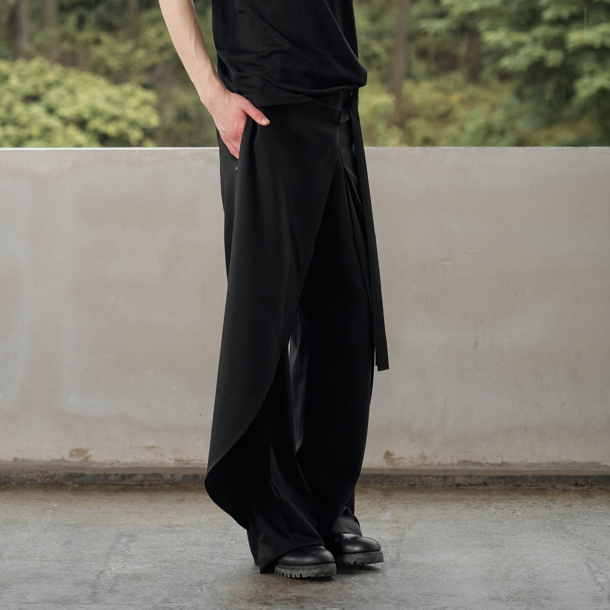 MOITIEDEPETALE Detachable Wrap Panel Slanted Pleat Trousers-Pants-XS (Preorder)-Free Shipping Leatheretro